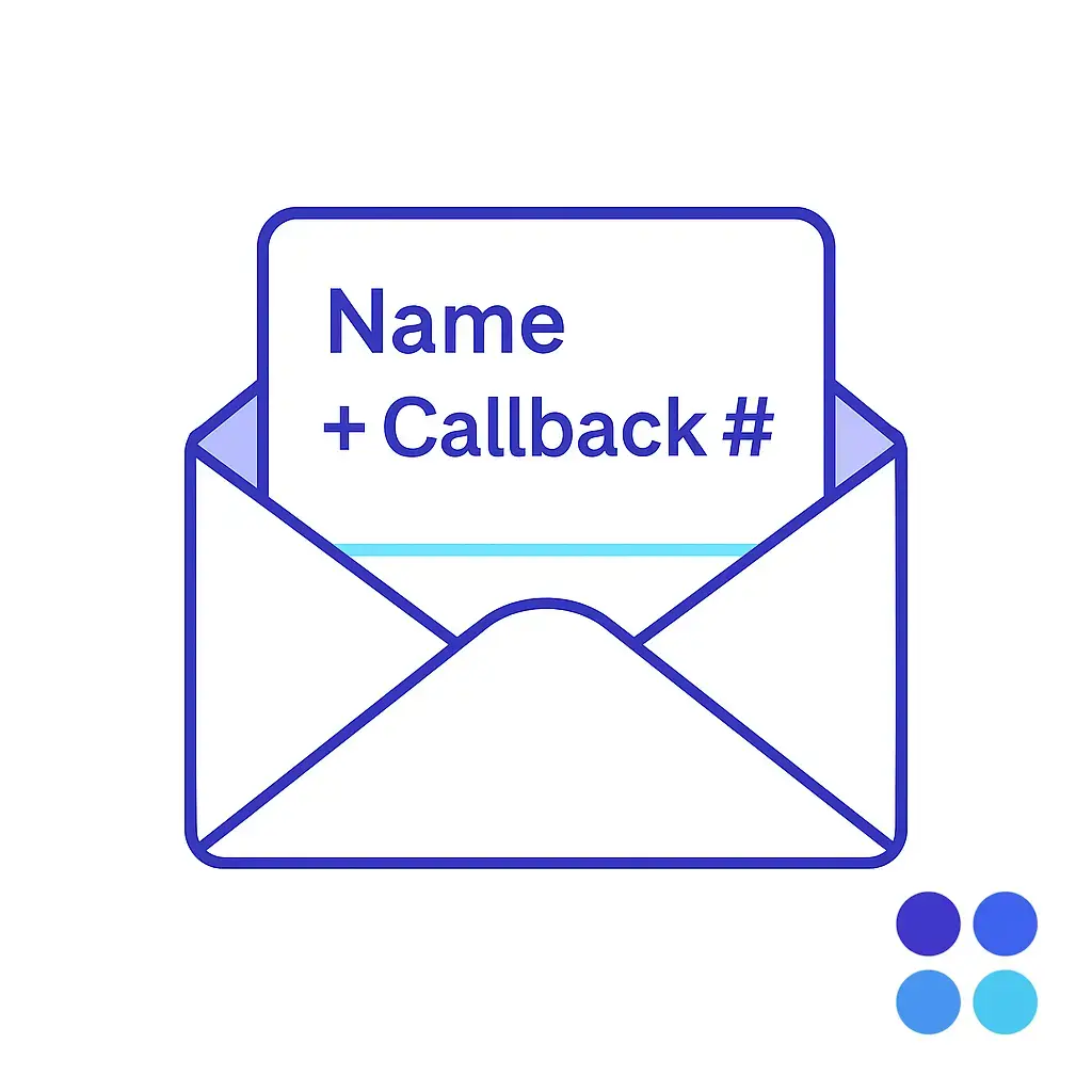 An open envelope reveals a slip marked Name + Callback Number, demonstrating that only limited identifying details are provided in the message.
