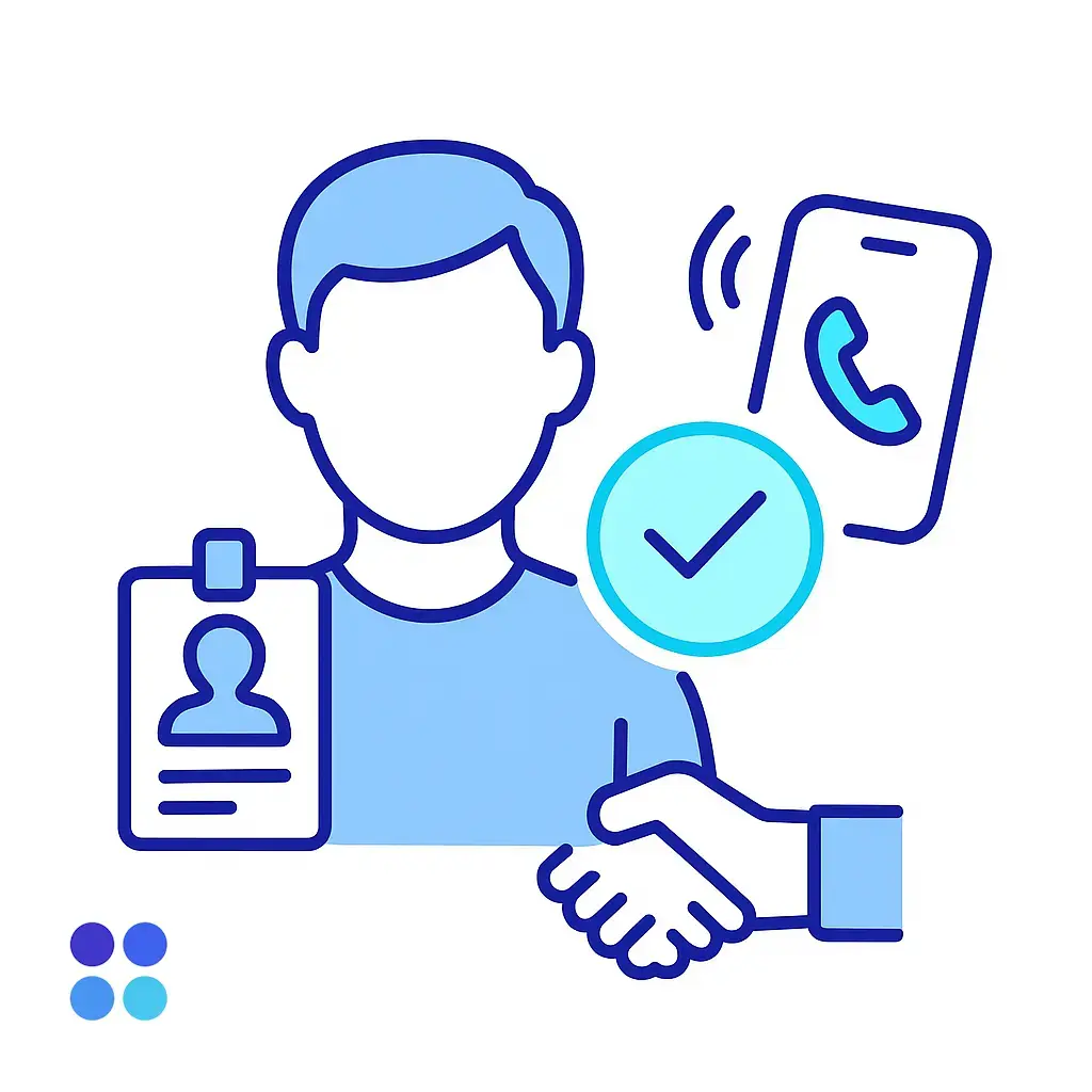 A silhouetted figure wearing an ID badge stands next to a ringing phone and a checkmark, showing that caller identity is confirmed before message delivery.