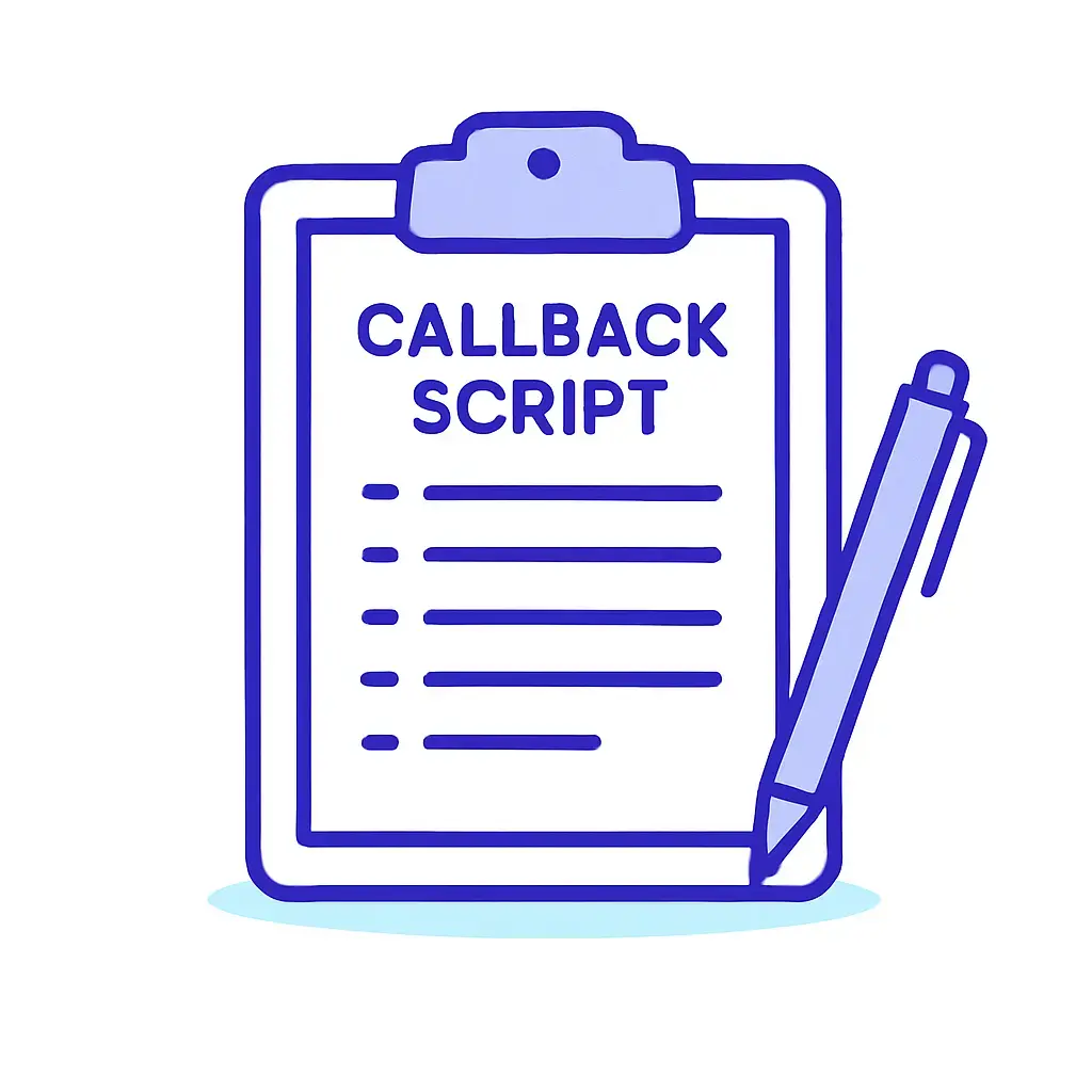 A clipboard labeled CALLBACK SCRIPT with a pen poised to write emphasizes using an approved script for leaving compliant voicemails.