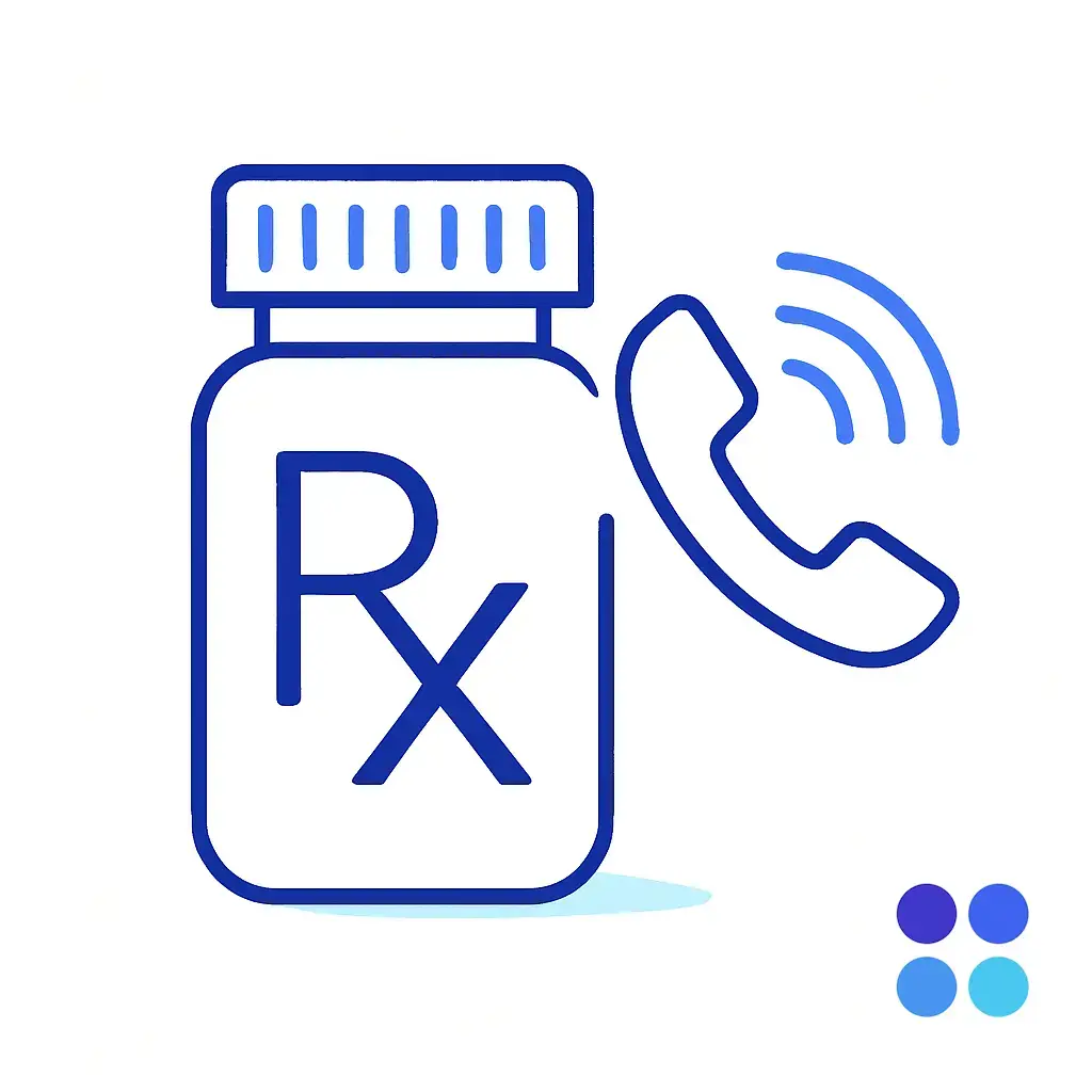 A pill bottle marked Rx sits beside a ringing phone handset, illustrating a medication-related voicemail that follows HIPAA guidelines.