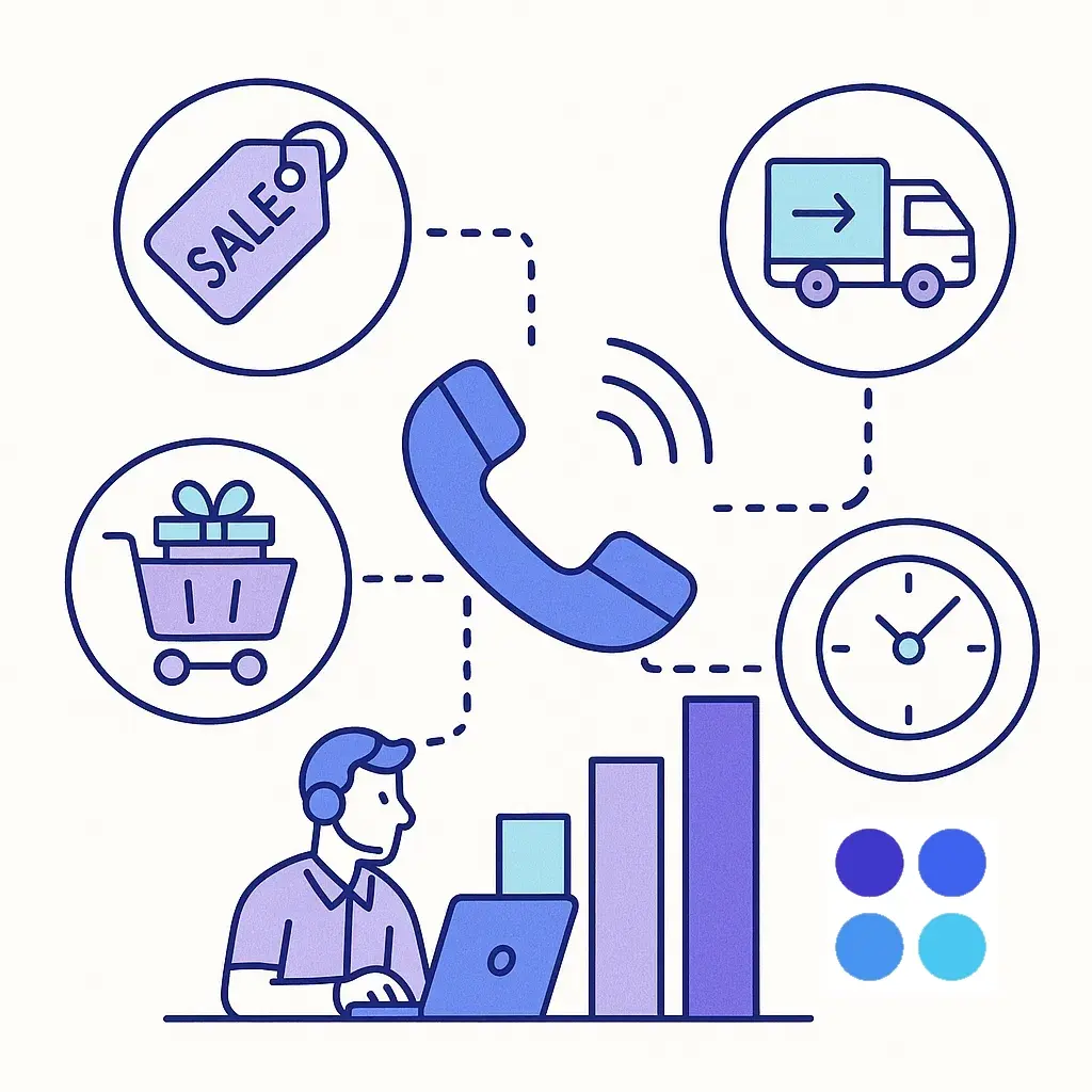 Line art showing a central phone connected to sale, delivery, gift and clock icons representing holiday call volume spike.