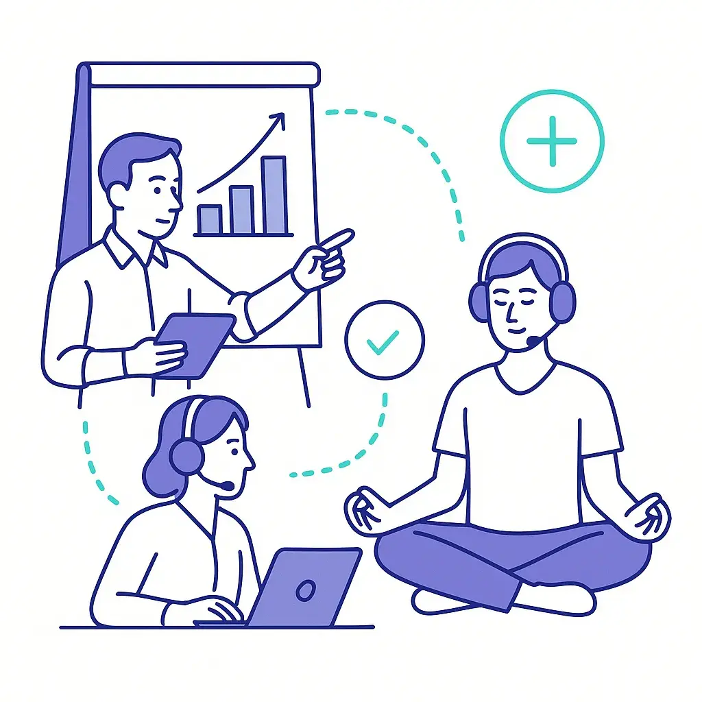 Agents attend training and meditate, linked by dotted lines, highlighting the importance of training and well being for teams.