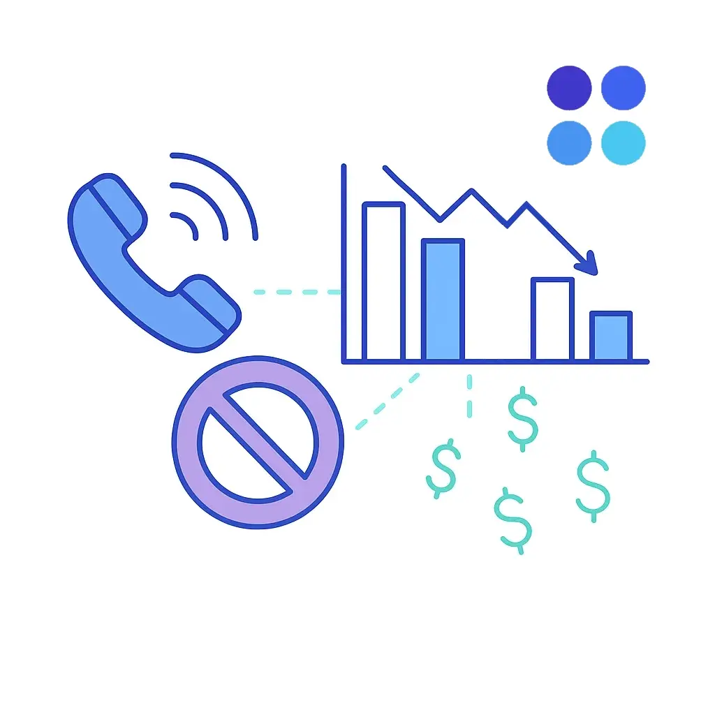 Minimalistic graph illustrating lost revenue from missed calls with a ringing phone and falling dollar signs.