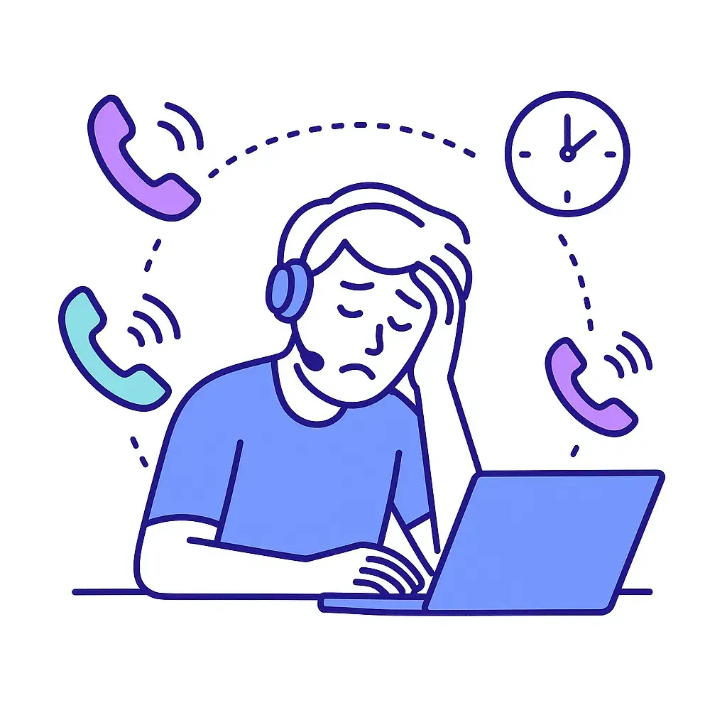 Illustration of a stressed call center agent surrounded by ringing phones and a clock symbolizing burnout during busy season.