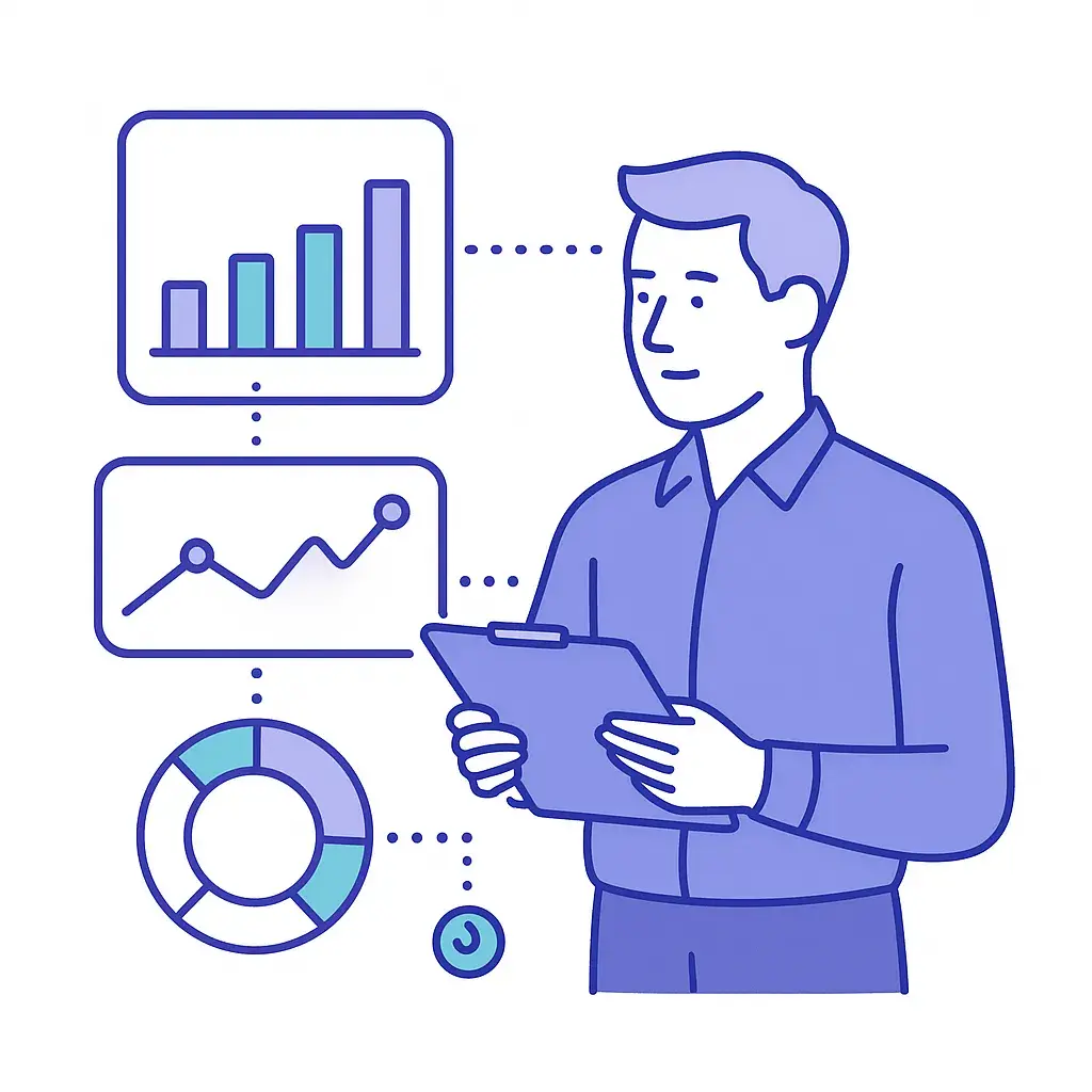 Manager reviewing charts and graphs connected by dotted lines to forecast holiday call volume peaks and valleys.