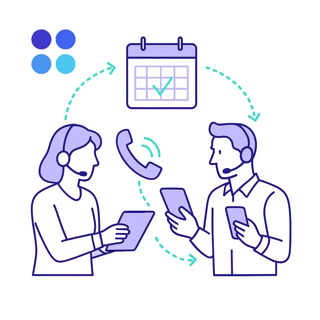 Two call agents exchange tablets while a calendar shows flexible shifts, representing cross training and flexible schedules.