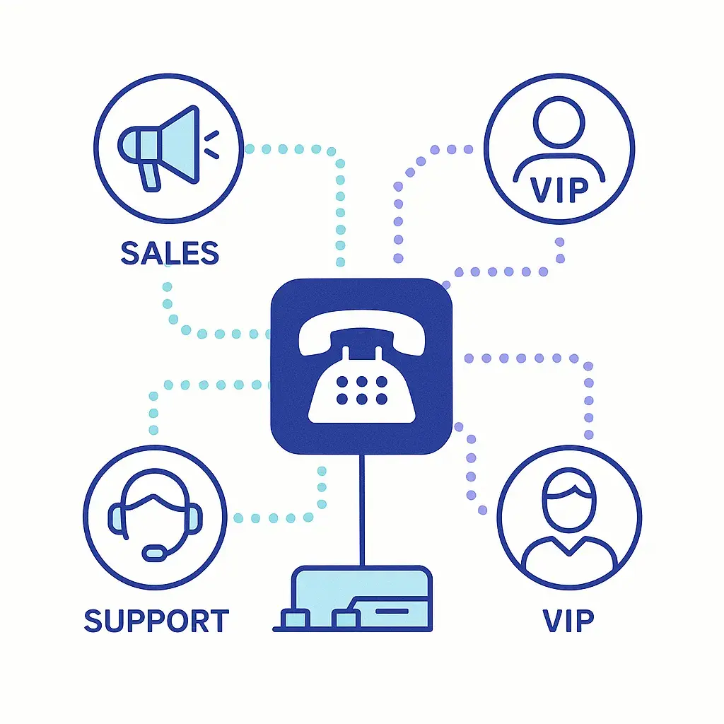 Infographic with a central phone routing calls via dotted lines to sales, support and VIP icons representing call segmentation.