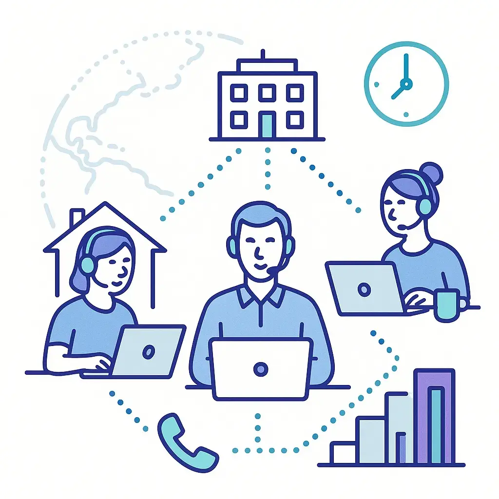 Remote call center agents working from home or cafe connected to central office with world map and clock symbolizing flexibility.