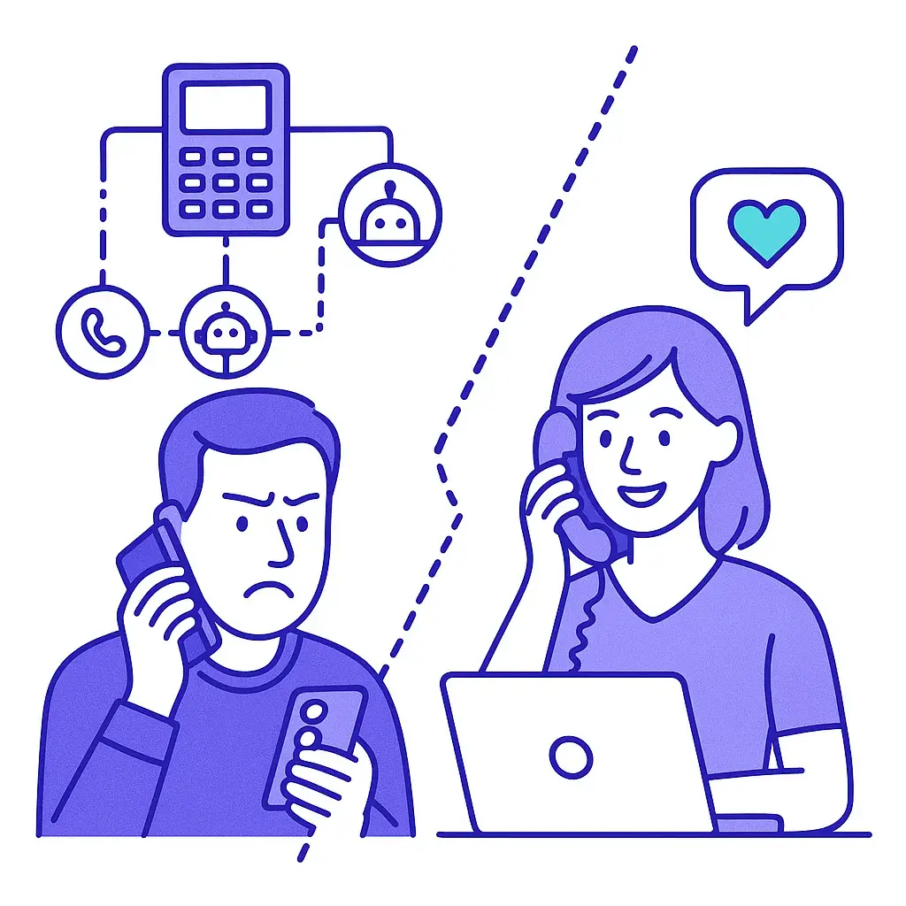 Illustration comparing a confusing automated phone tree to a friendly live receptionist, highlighting the benefits of human service.