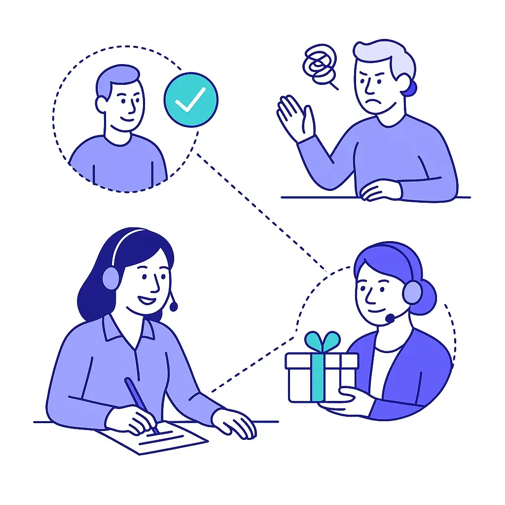 A receptionist listens and takes notes to understand a caller’s needs while another scene shows a handshake and heart symbolizing trust.