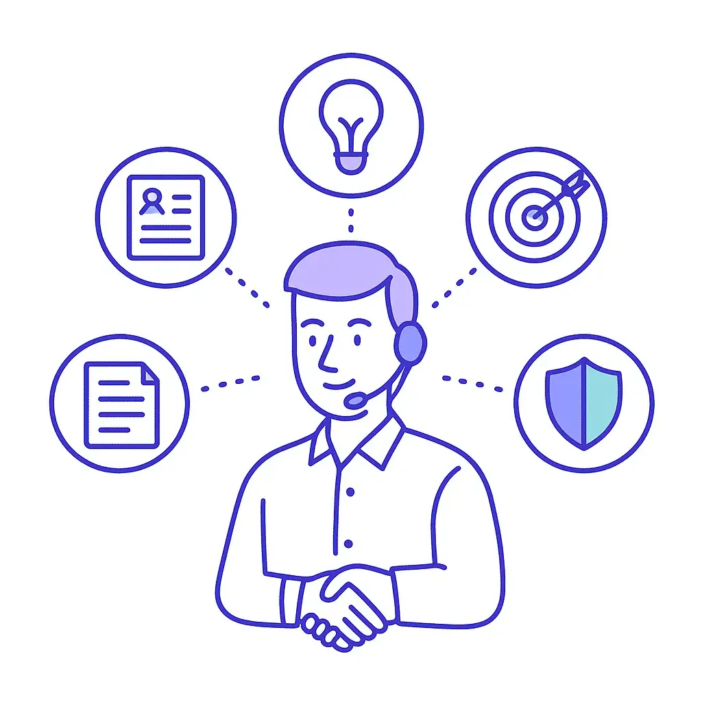 A central receptionist is surrounded by icons for notes, ideas, targeting, protection, summaries, and analytics to represent smart AI assistance.