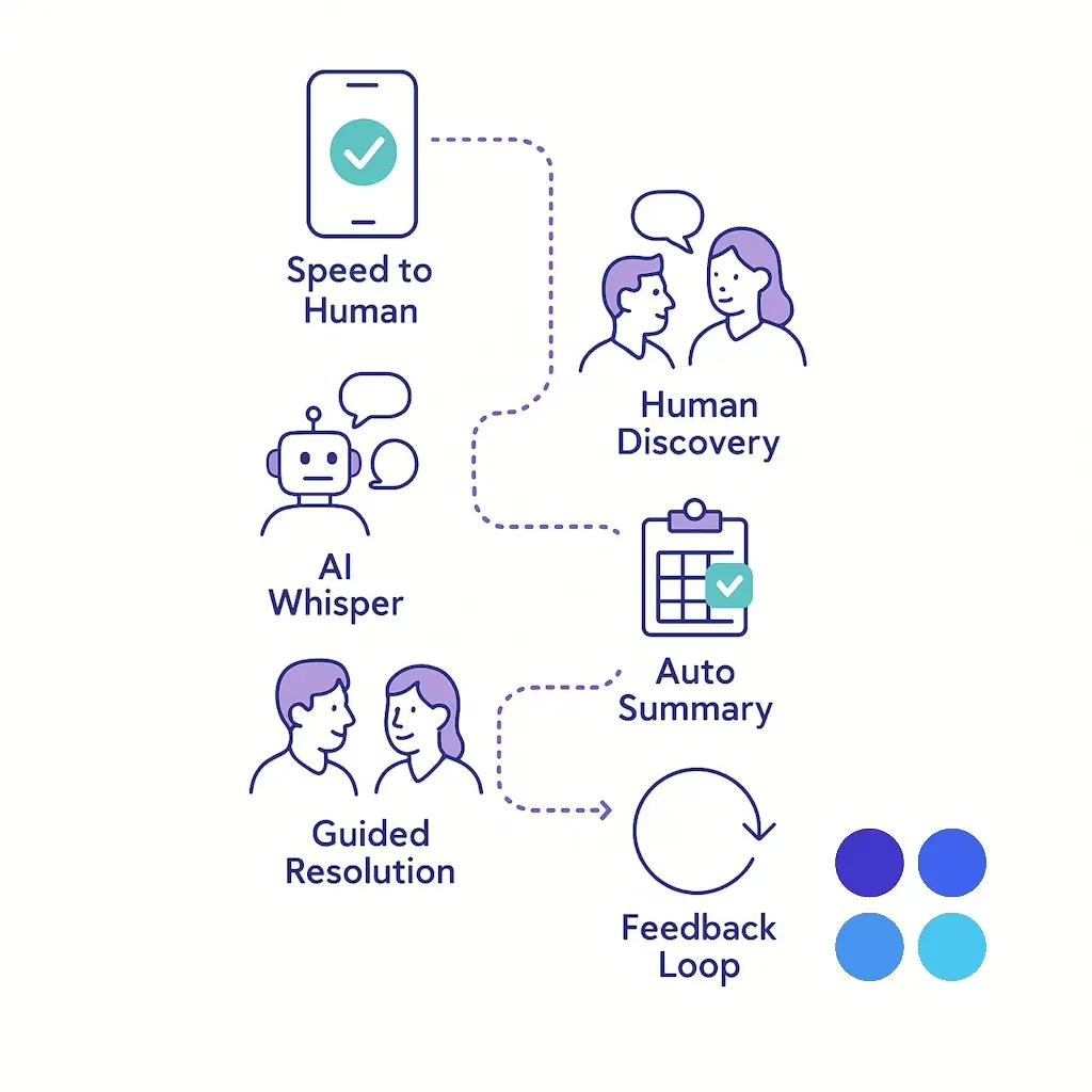 Flow diagram shows the hybrid call process from speed to human and AI whisper through human discovery, guided resolution, auto summary, and feedback loop.