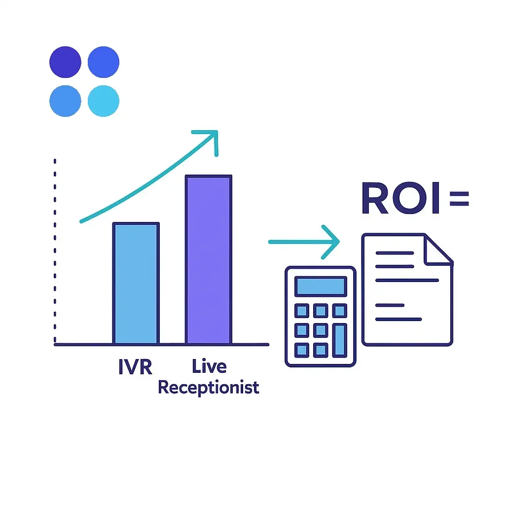 Bar chart contrasts IVR and live receptionist conversions with an upward arrow and calculator pointing to an ROI formula.