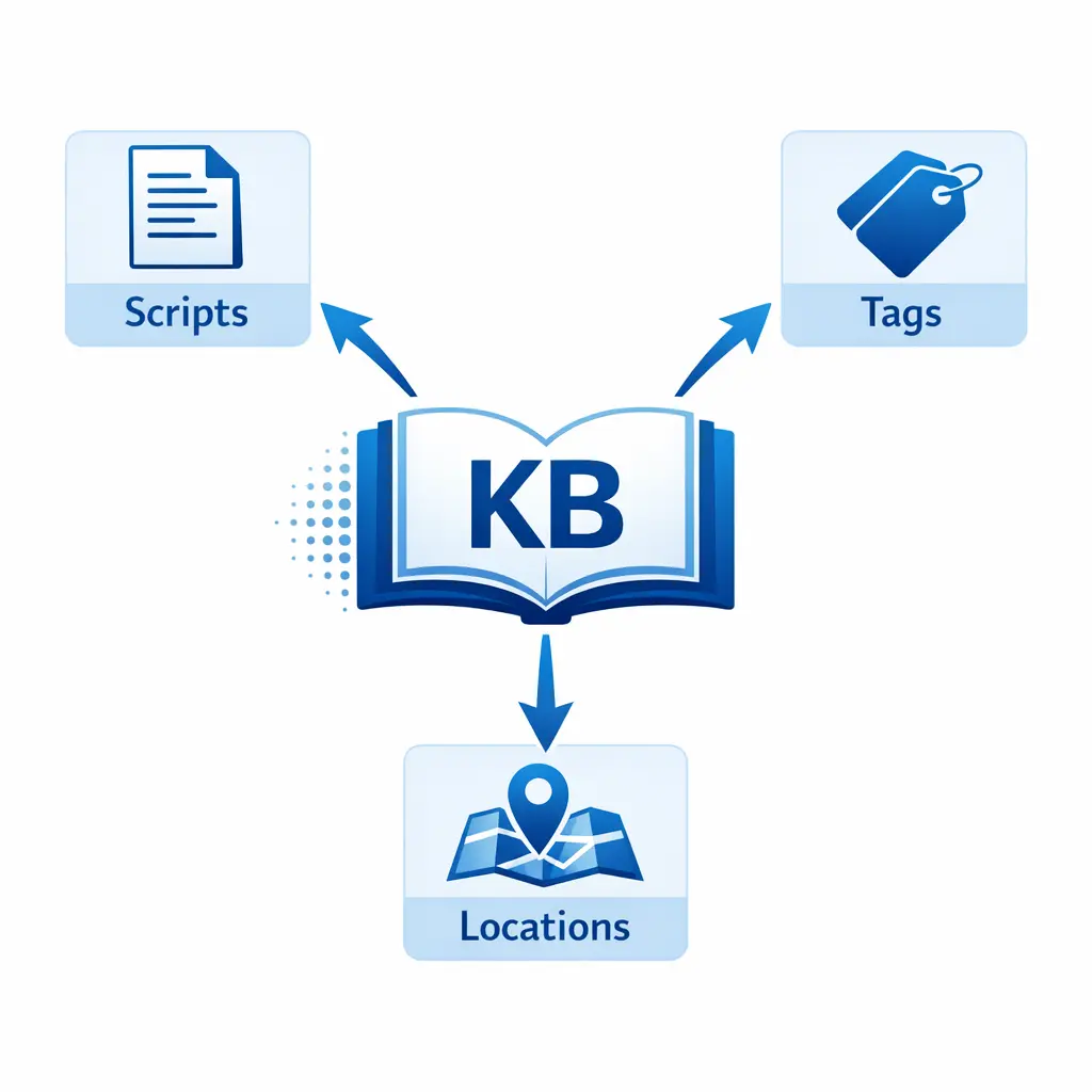 A central knowledge book feeds scripts, tags, and location rules to keep support consistent.