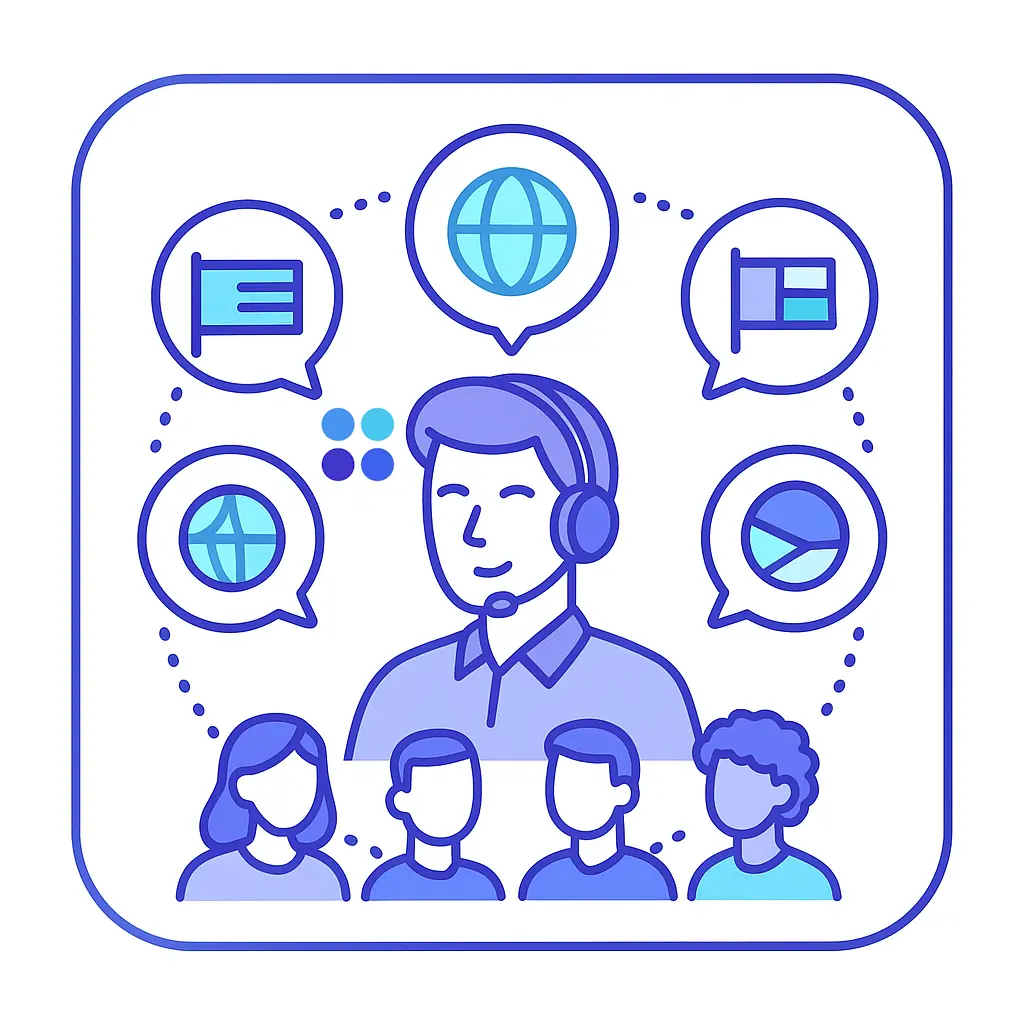 A headset agent connects multiple customers and dashboards, illustrating a call answering hub for lawncare and landscaping businesses.