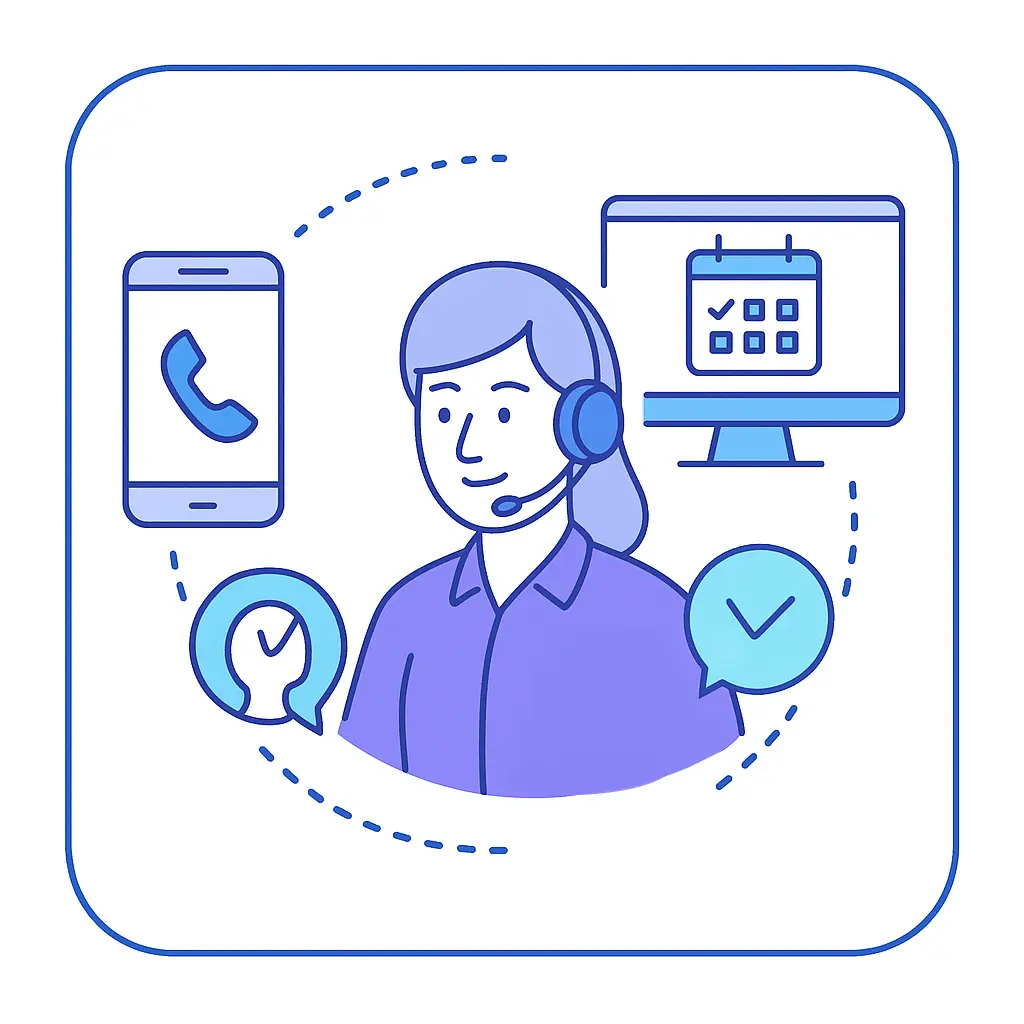 An agent coordinates a phone, checkmarks, and a calendar on a desktop screen to book estimates and dispatch crews.