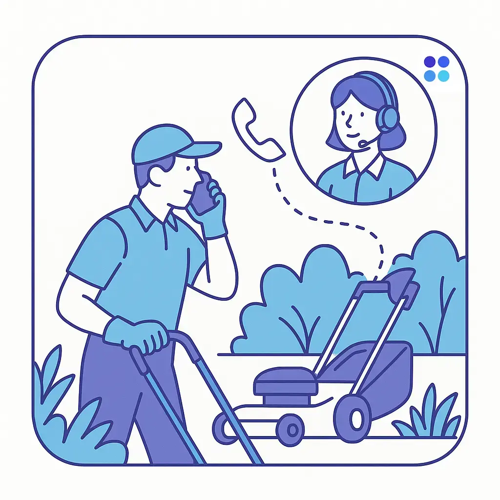 A landscaper pauses mid‑mow to speak on the phone while a headset agent appears in a call bubble, illustrating real‑time coordination with an answering service.