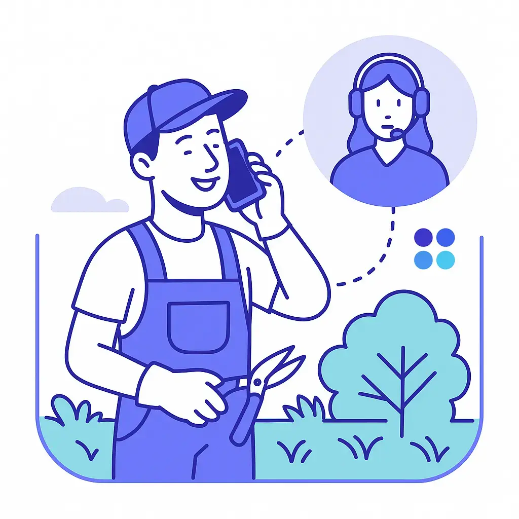 A smiling landscaper holding pruning shears talks by phone to a remote agent in an inset, representing fast quotes and booking from the field.