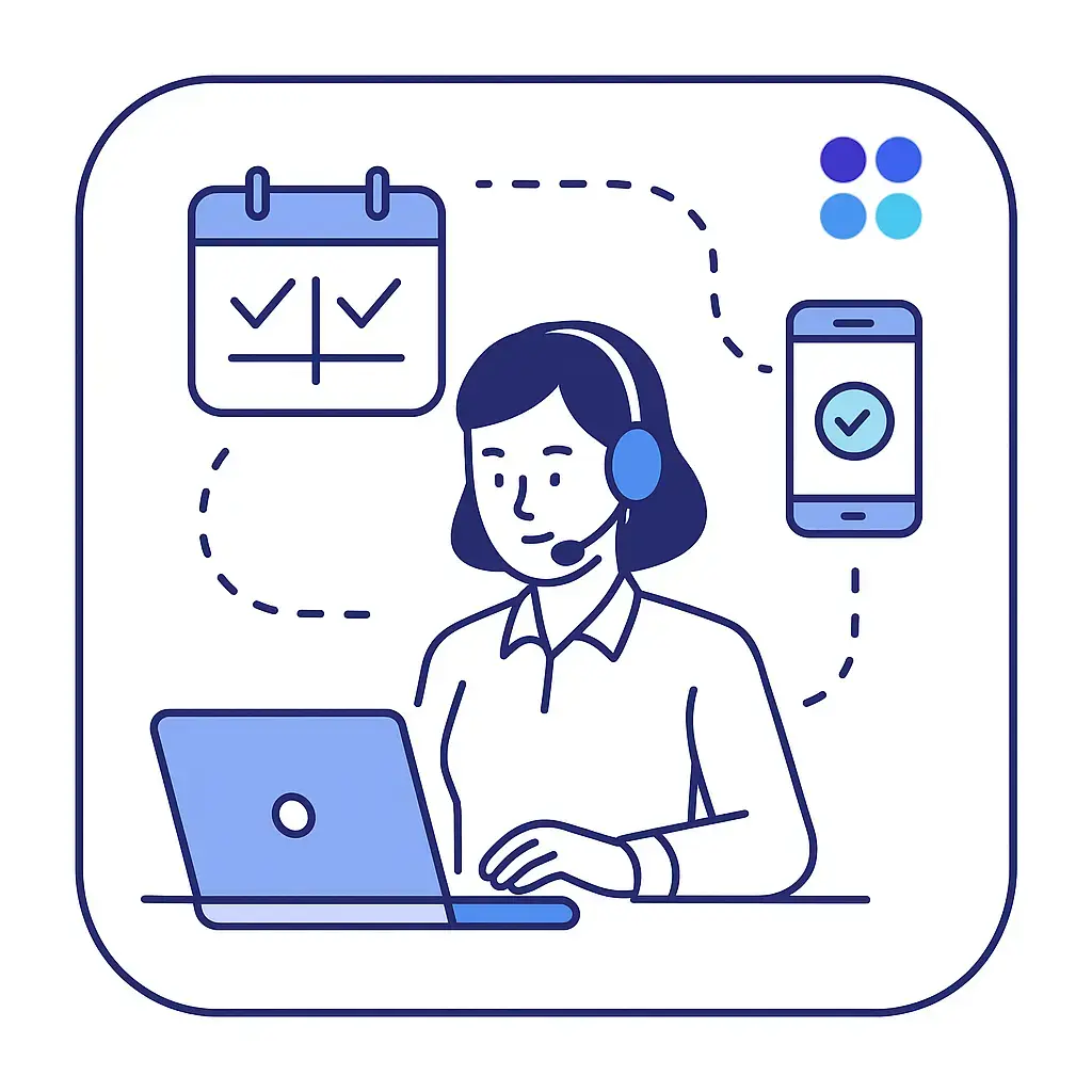An agent at a laptop connects a calendar and a smartphone with checkmarks via dotted lines, showing appointment booking and confirmation management.