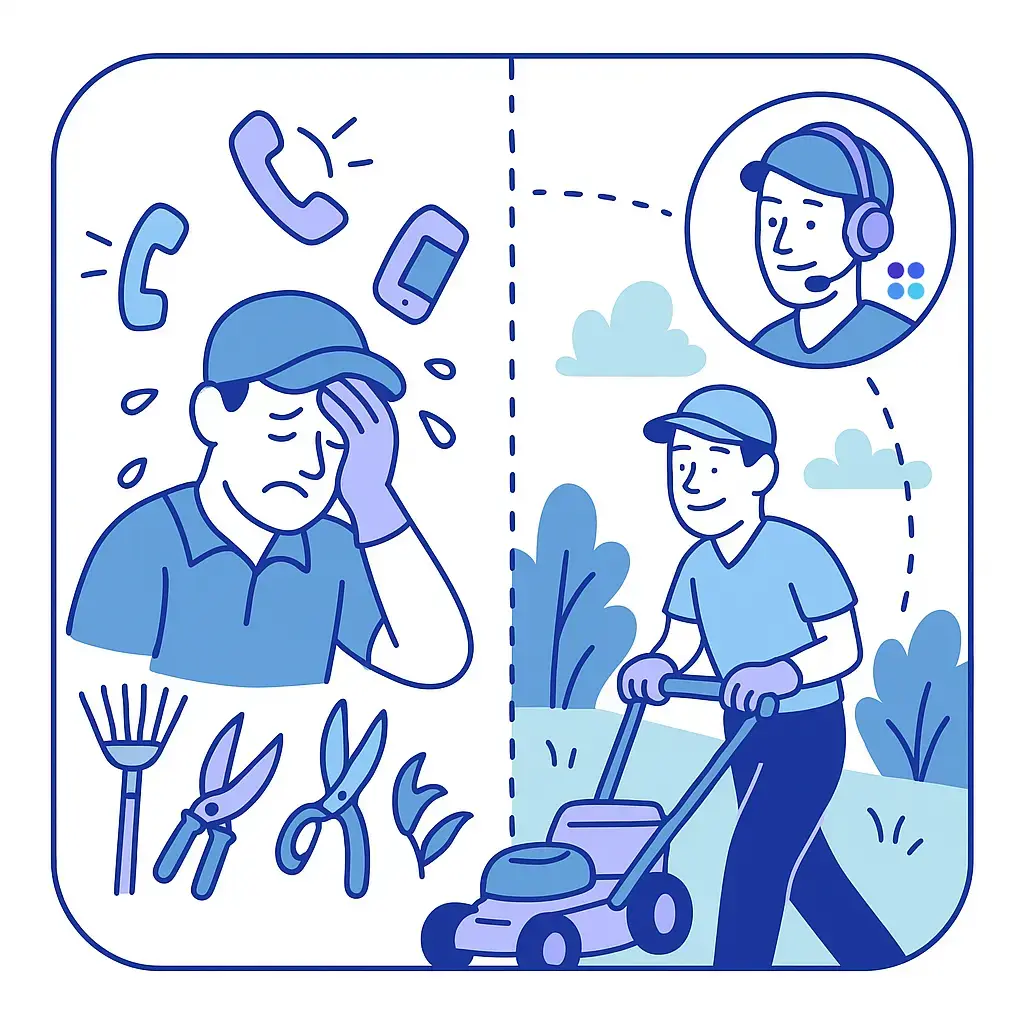 A split scene contrasts a stressed landscaper bombarded by calls and tools with a calm worker mowing as a remote agent handles the phones.