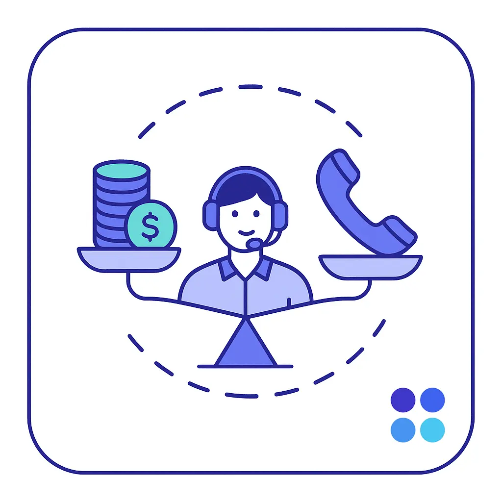 A call specialist balances stacks of coins and a ringing handset on a scale to convey affordable answering service pricing.