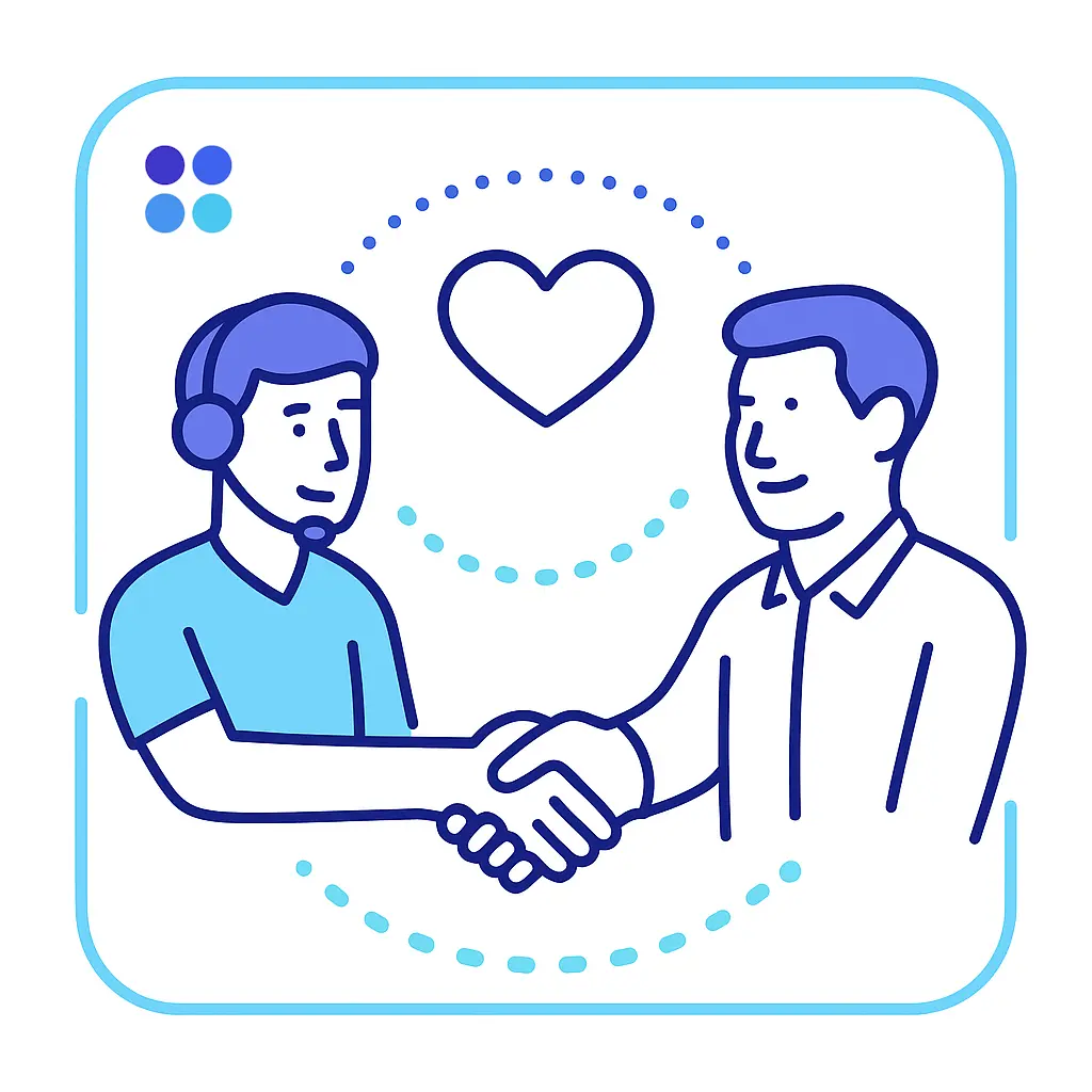 An agent and a customer shake hands beneath a heart icon, representing friendly, trust‑building call handling.