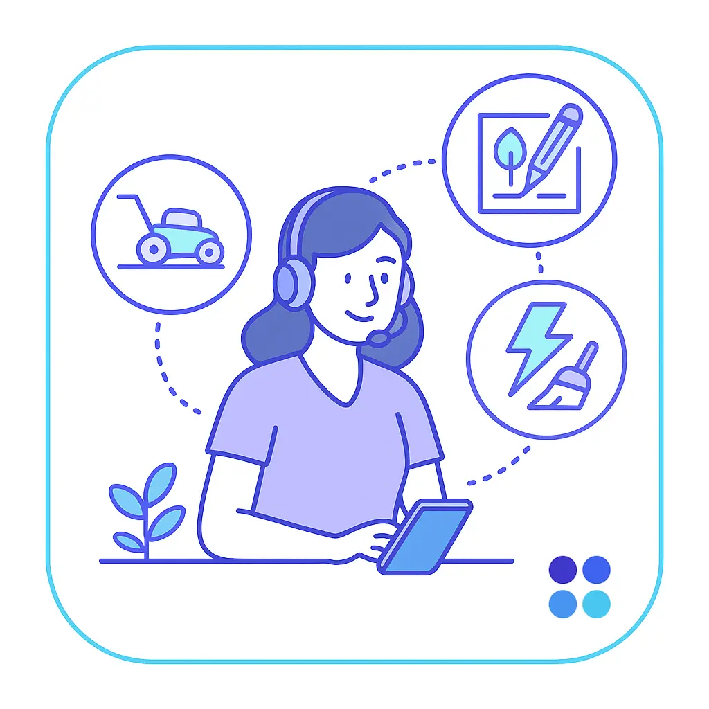 An agent on a tablet with icons for mowing, design, and cleanup depicts capturing detailed service requests for lawncare jobs.