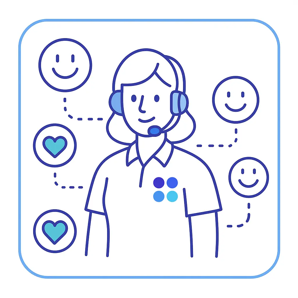 A smiling agent surrounded by hearts and happy faces conveys high satisfaction from responsive call answering.