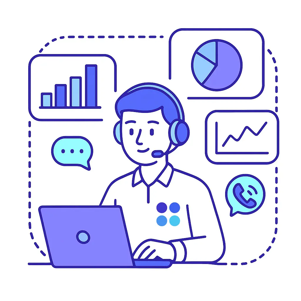 An agent at a laptop is framed by charts, graphs, and a phone icon, highlighting metrics and call analytics.