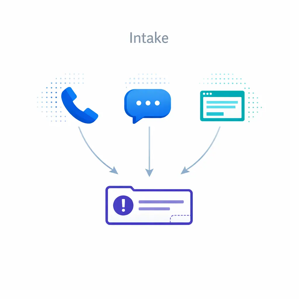 Phone, chat, and form icons funnel into one unified ticket to show centralized after-hours intake.