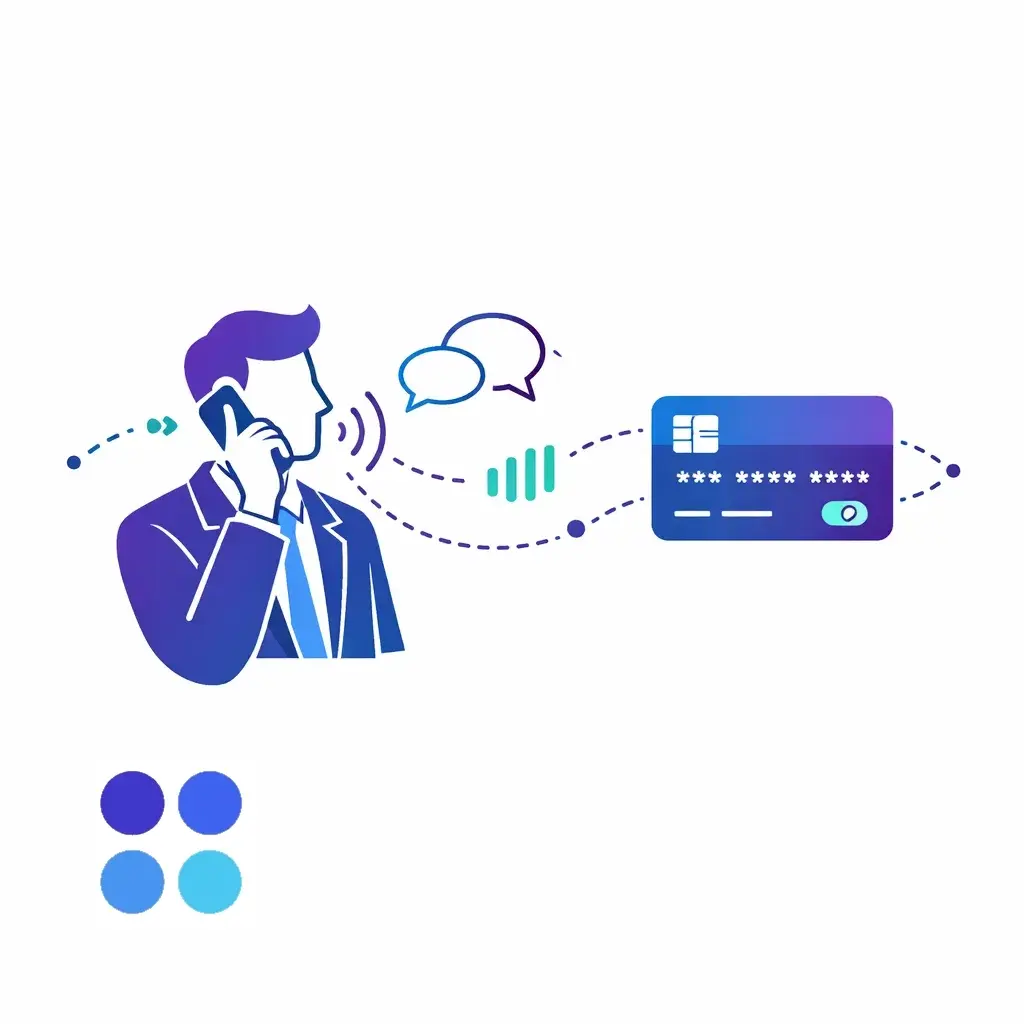Businessperson on a call with floating credit card connected by dotted lines representing spoken card numbers risk.