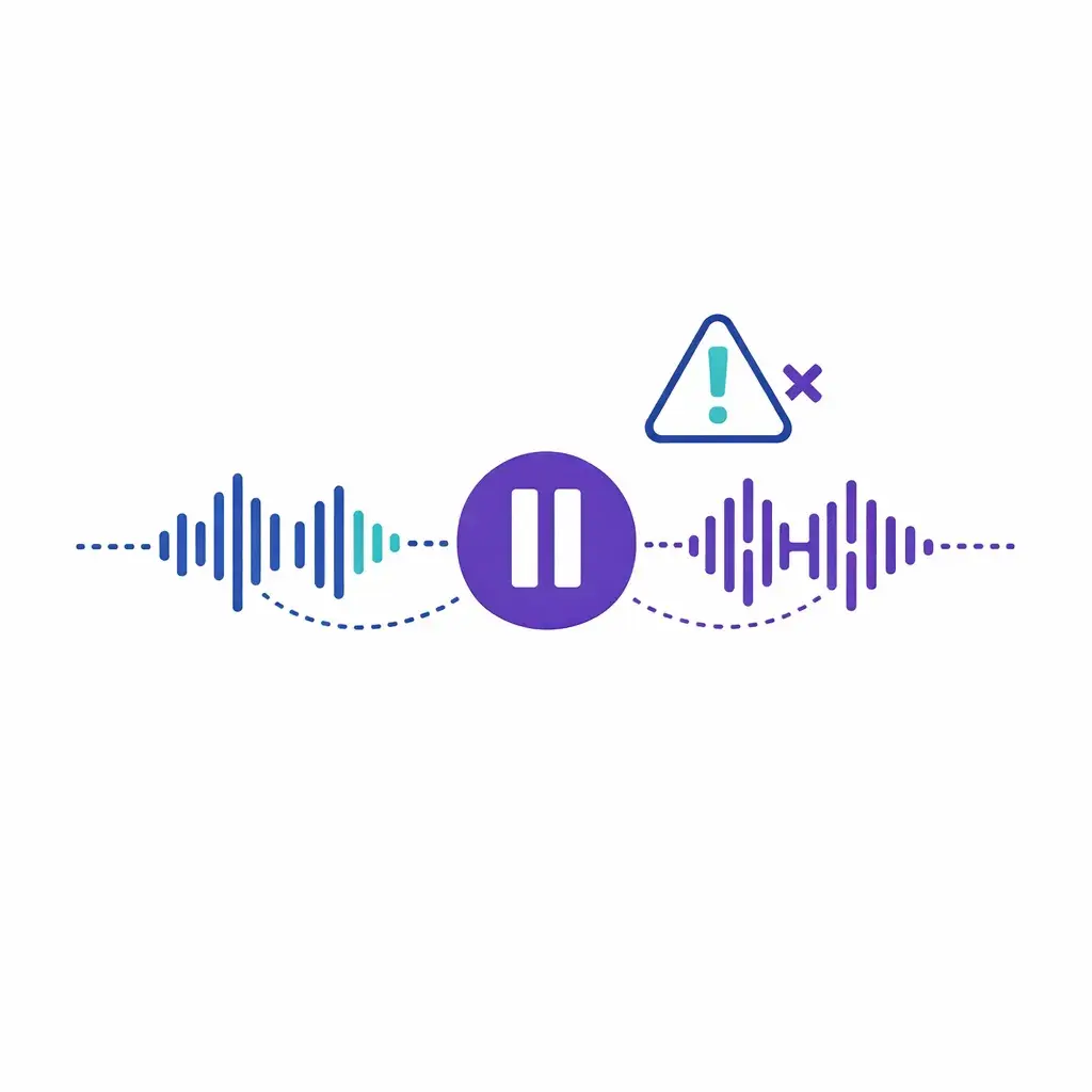 Call recording waveform with pause button and caution sign linked by dotted lines highlighting manual pause and resume risks.