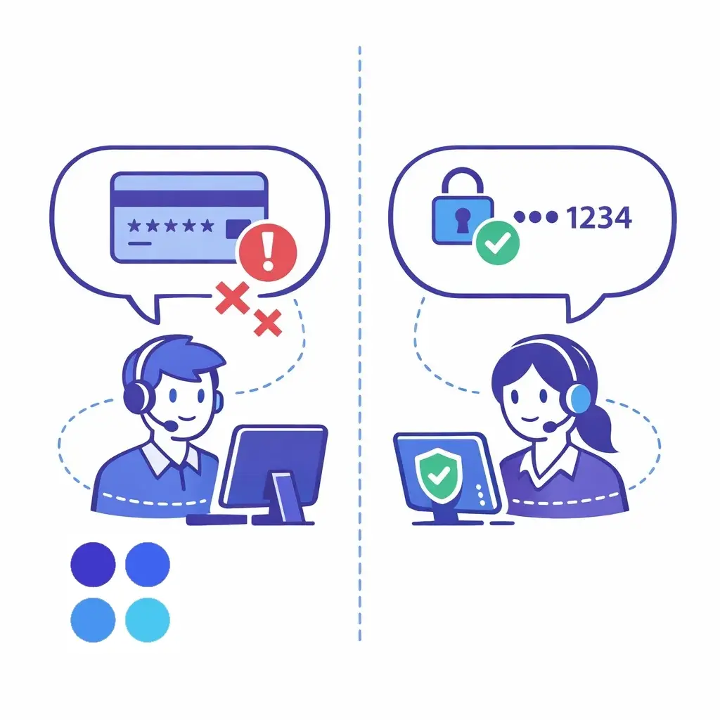 Split illustration with unsafe speech bubble featuring card and warning icons versus safe speech bubble with lock and last four digits.