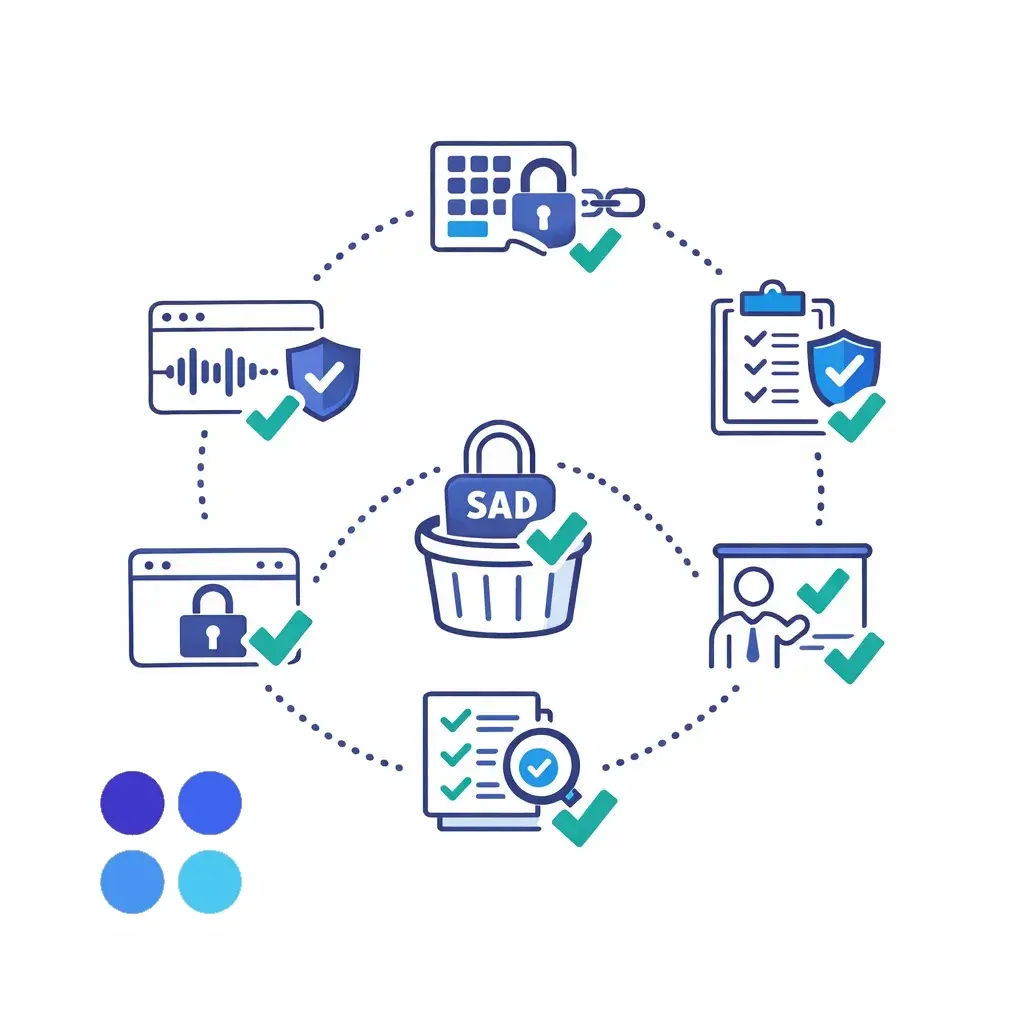 Six icons arranged in a hexagon pattern connected by dotted lines with checkmarks representing steps for PCI safe phone payments.