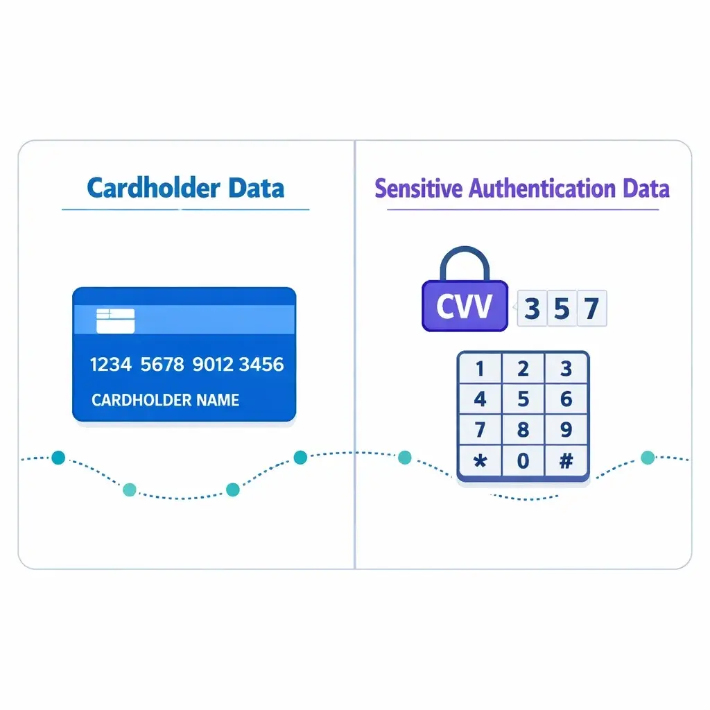 Two-panel infographic comparing cardholder data and sensitive authentication data using card and CVV icons.