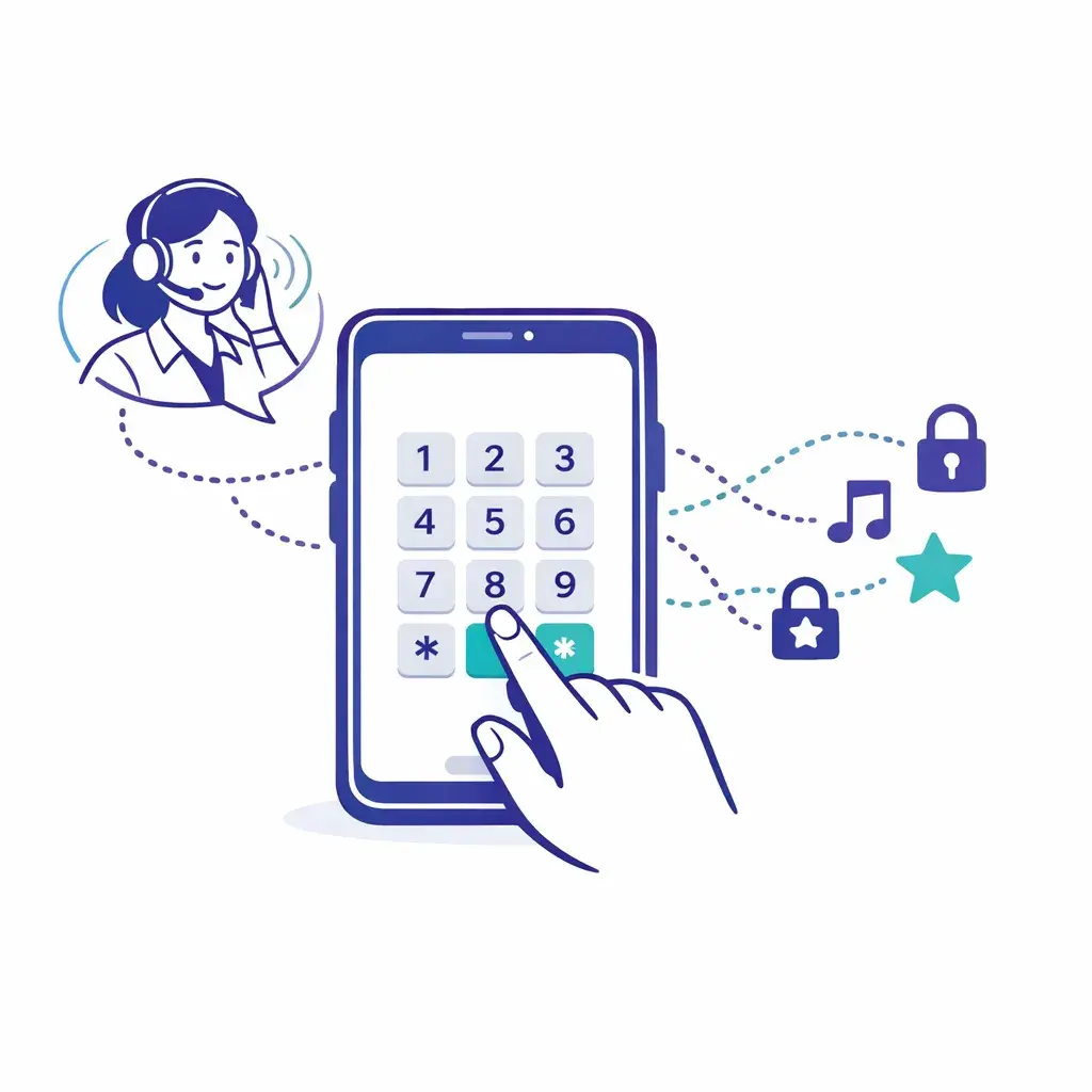 Customer entering card numbers on phone keypad with masked tones and agent on call, illustrating secure DTMF masking.