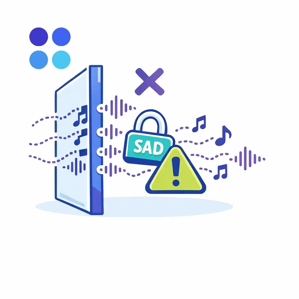 Sound waves leaking through a barrier with caution symbol and SAD lock to warn about DTMF bleed risk.