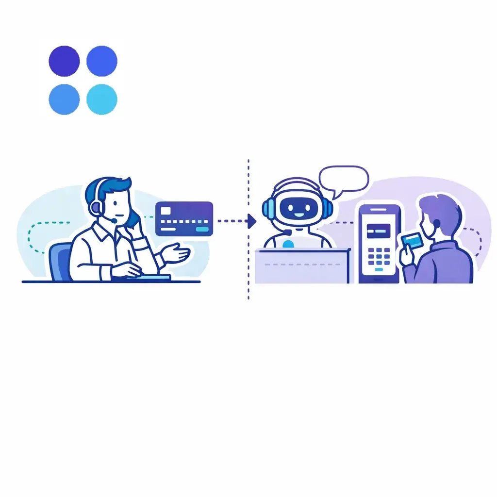 Split scene showing agent transferring call to automated IVR robot while customer enters card details, highlighting unattended flow.
