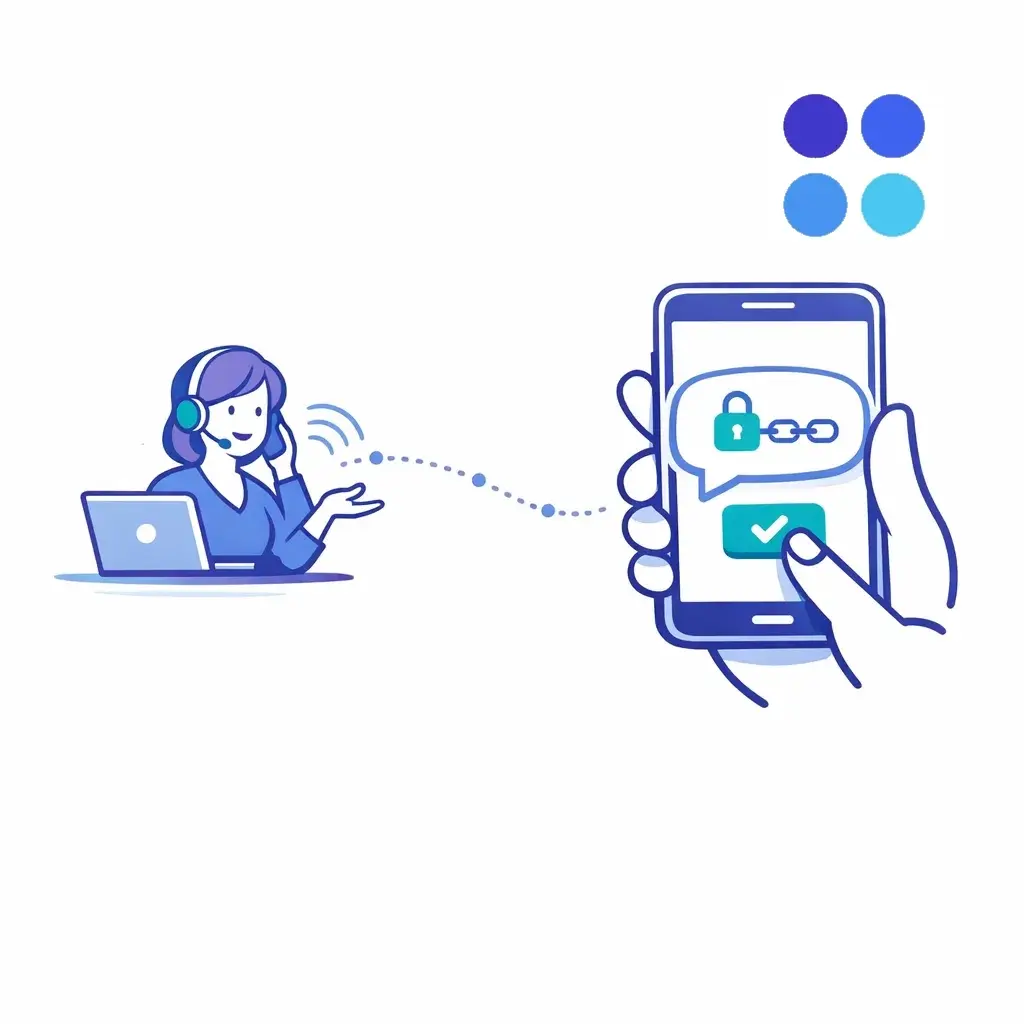 Agent sending a secure payment link to a customer’s phone via dotted line path with lock and chain icon in message bubble.