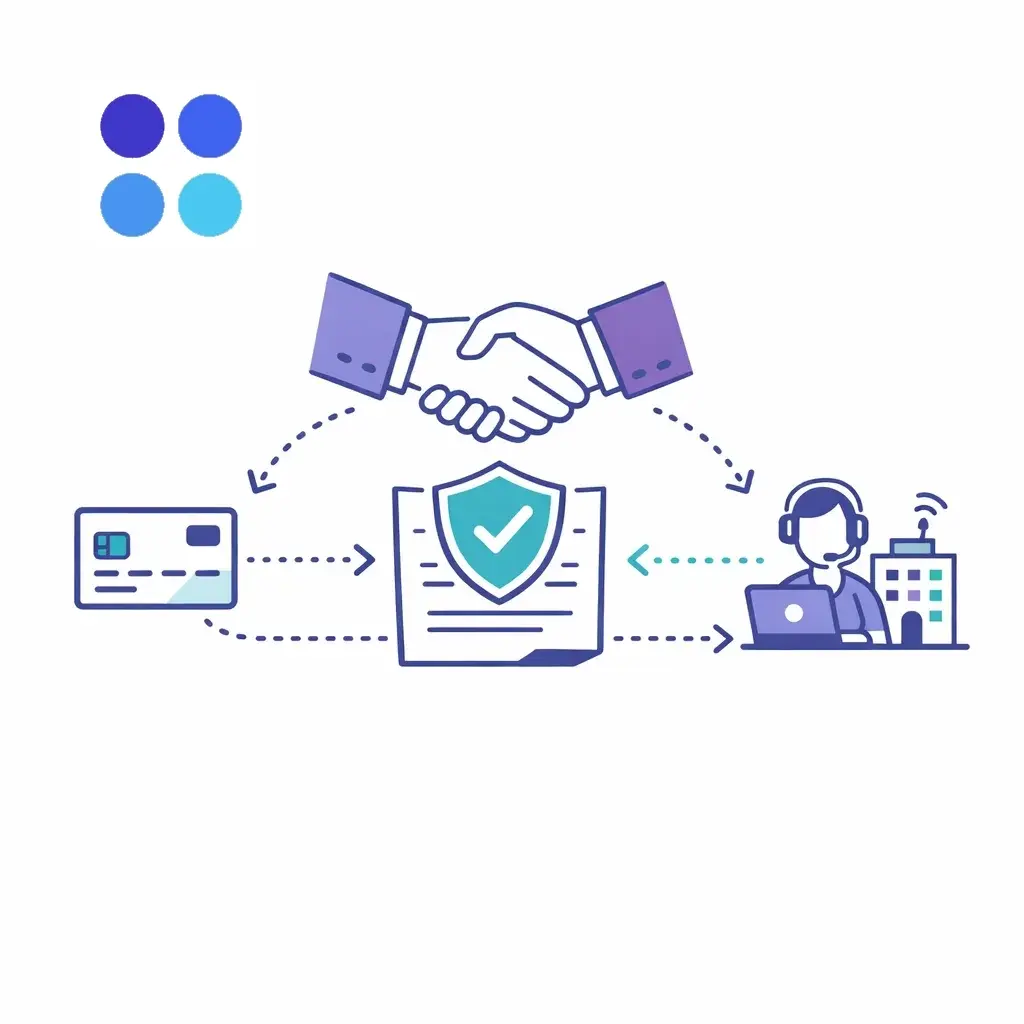 Handshake over shield document with arrows directing card data through a PCI‑validated service provider to reduce risk.