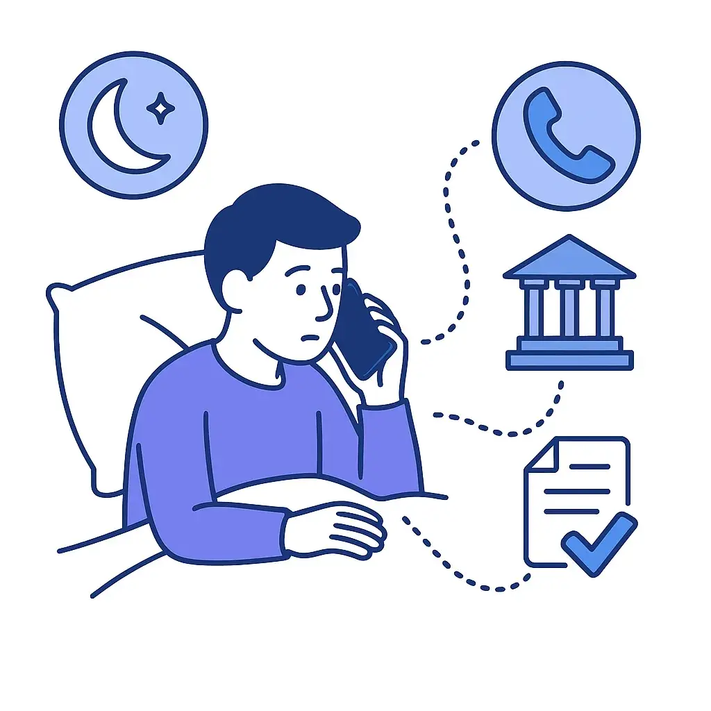 A person makes a late‑night call; dotted lines lead to a courthouse and a signed document, conveying the path from call to retainer.