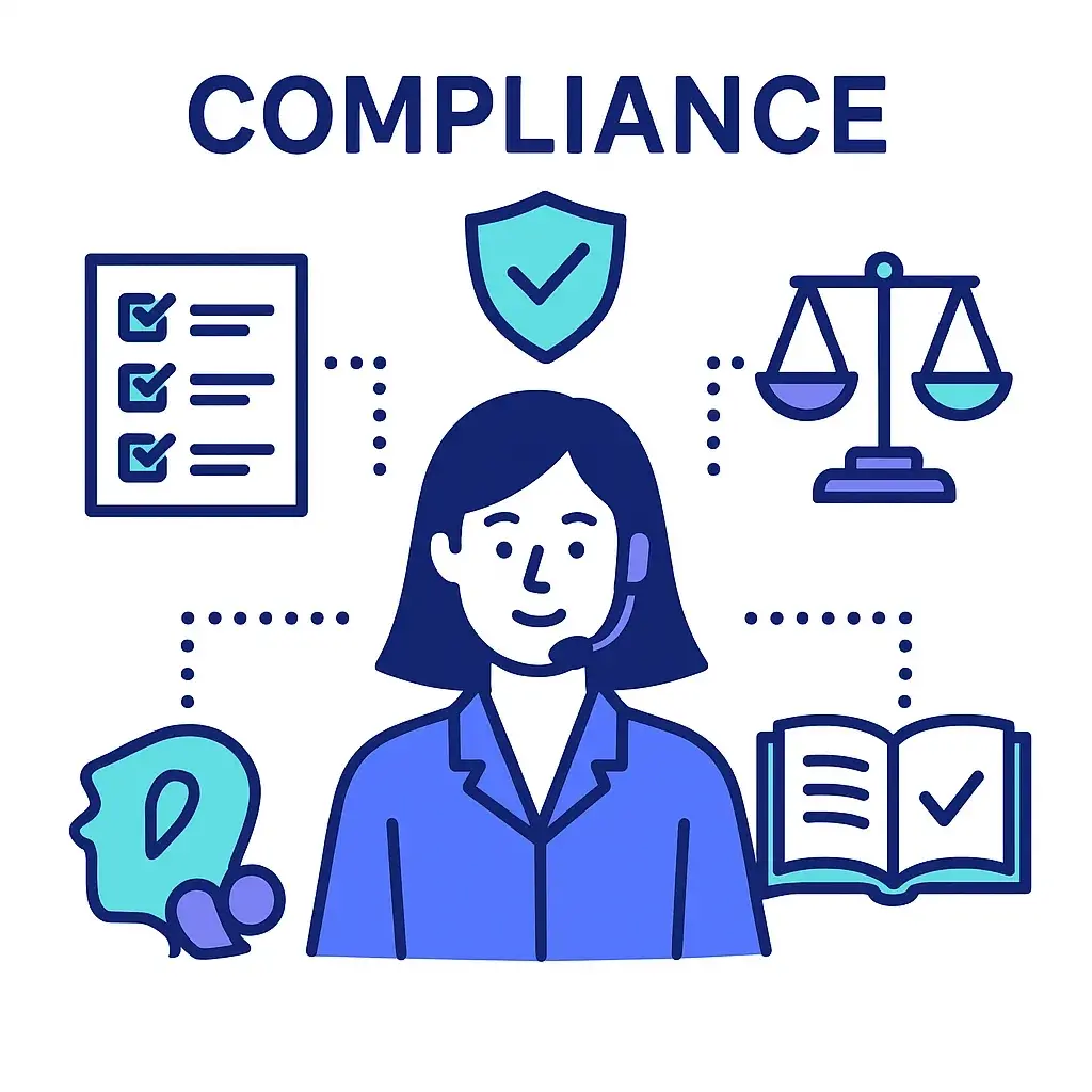An intake agent is surrounded by a checklist, shield, scales and open book joined by dotted lines to signify compliance.