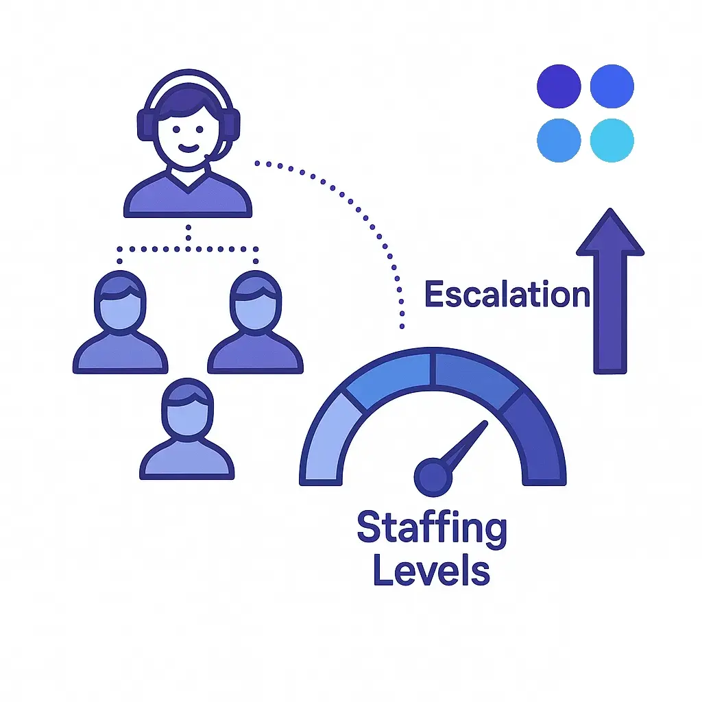 A hierarchy of agents leads upward to an escalation arrow and staffing gauge via dotted lines.