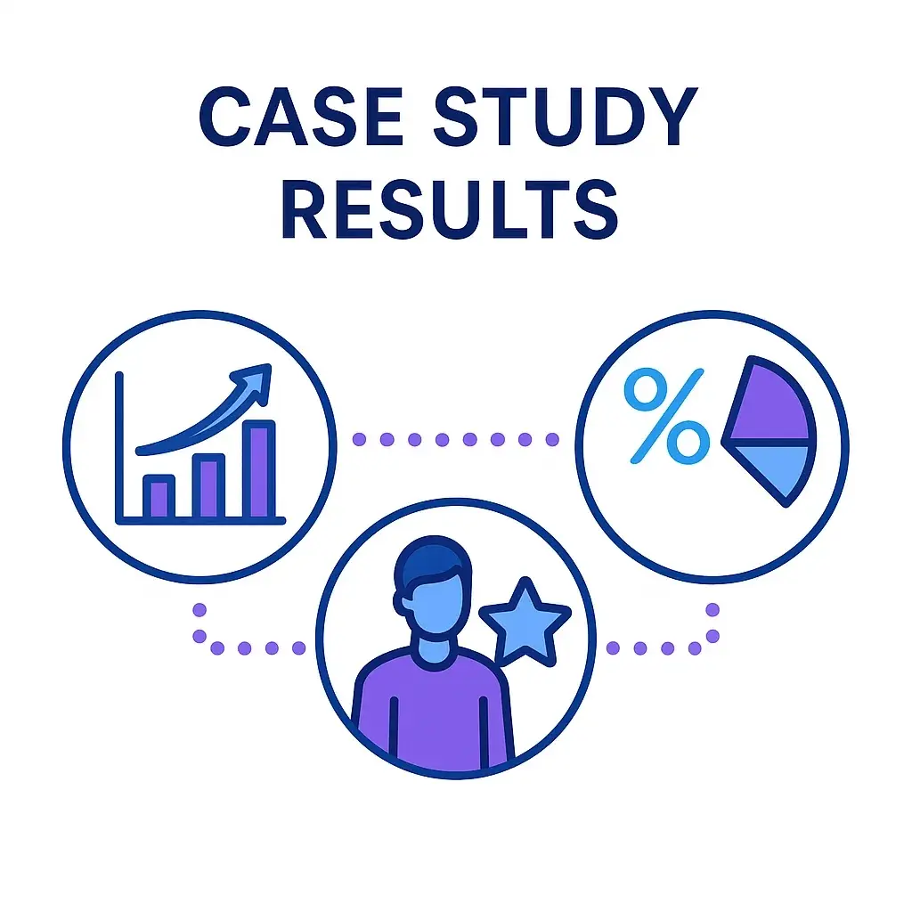 A bar graph, pie chart and person with a star are linked by dotted lines to show improved case study results.
