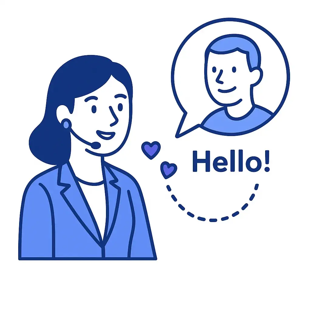 A smiling call‑center agent greets a caller with English and Spanish speech bubbles connected by dotted lines.