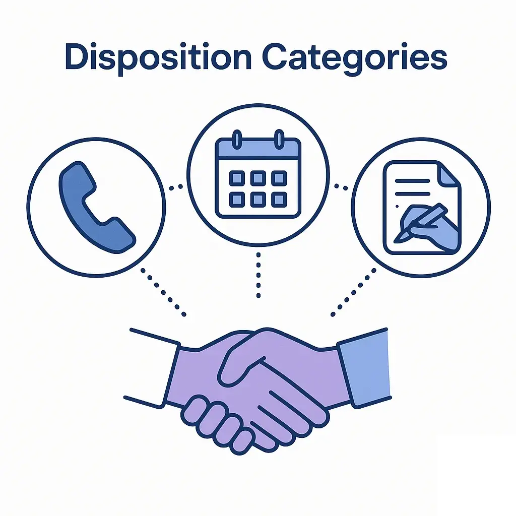 Phone, calendar and document icons lead to a handshake via dotted lines, showing three intake dispositions.