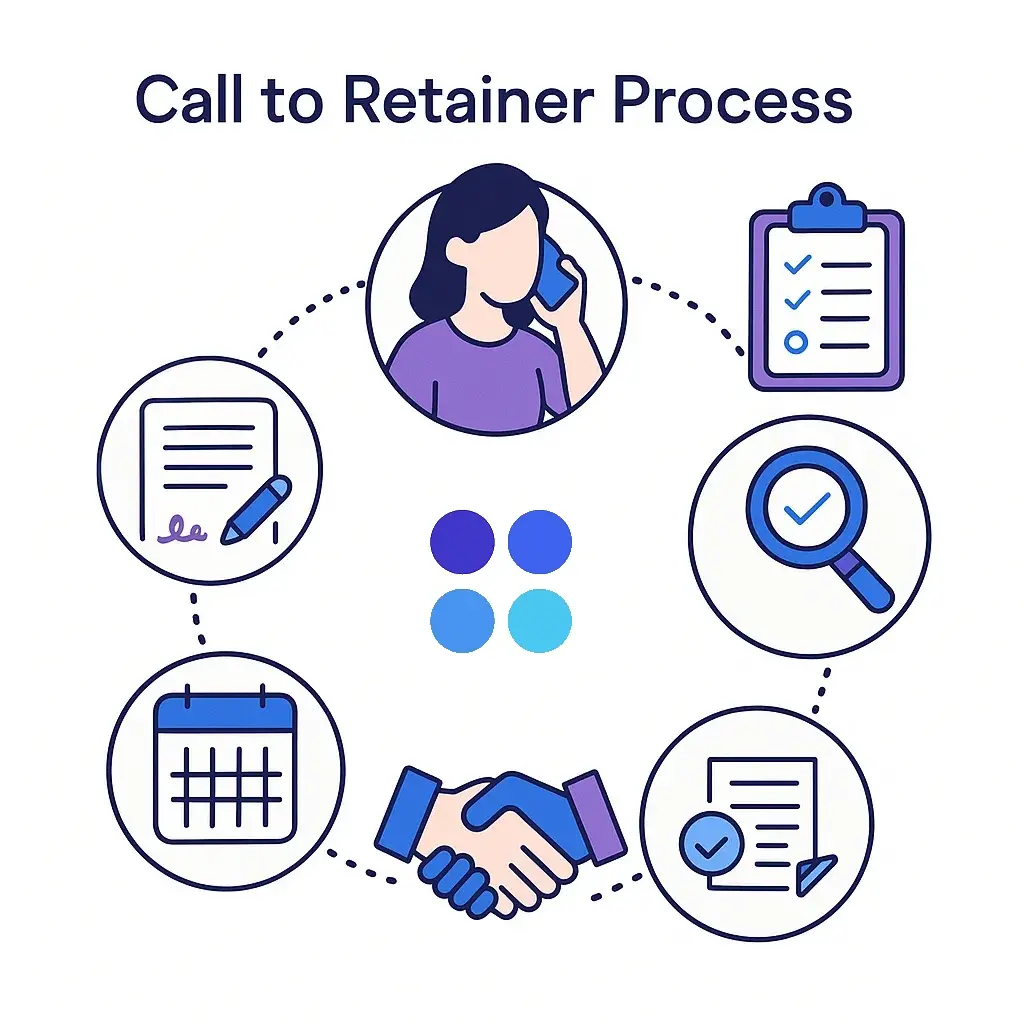 A circular flow links icons for call, checklist, magnifying glass, calendar, handshake and document with dotted lines.