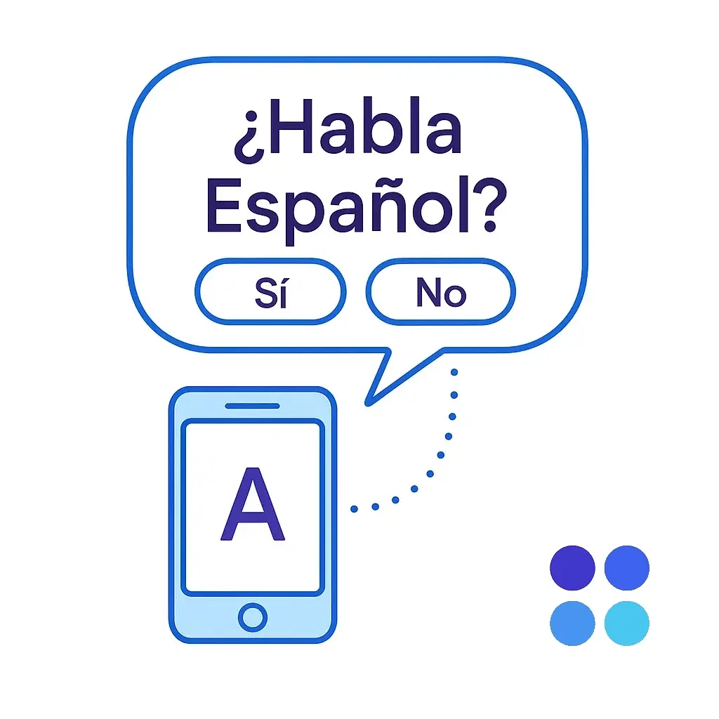 A Spanish‑language question with Sí/No options appears above a smartphone, illustrating language preference.