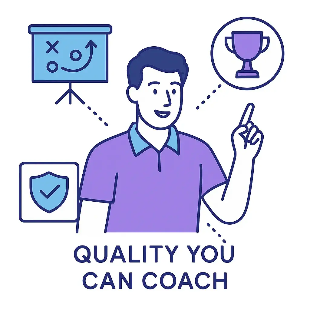 A person gestures toward strategy, trophy and shield icons connected by dotted lines to represent coachable quality.