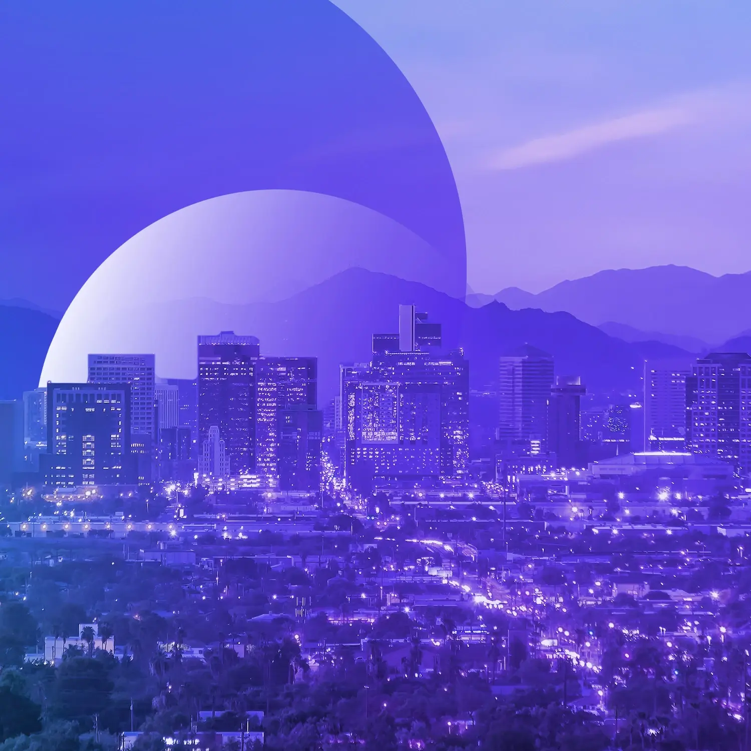 Phoenix skyline at night with city lights and purple-blue gradient graphic overlay.